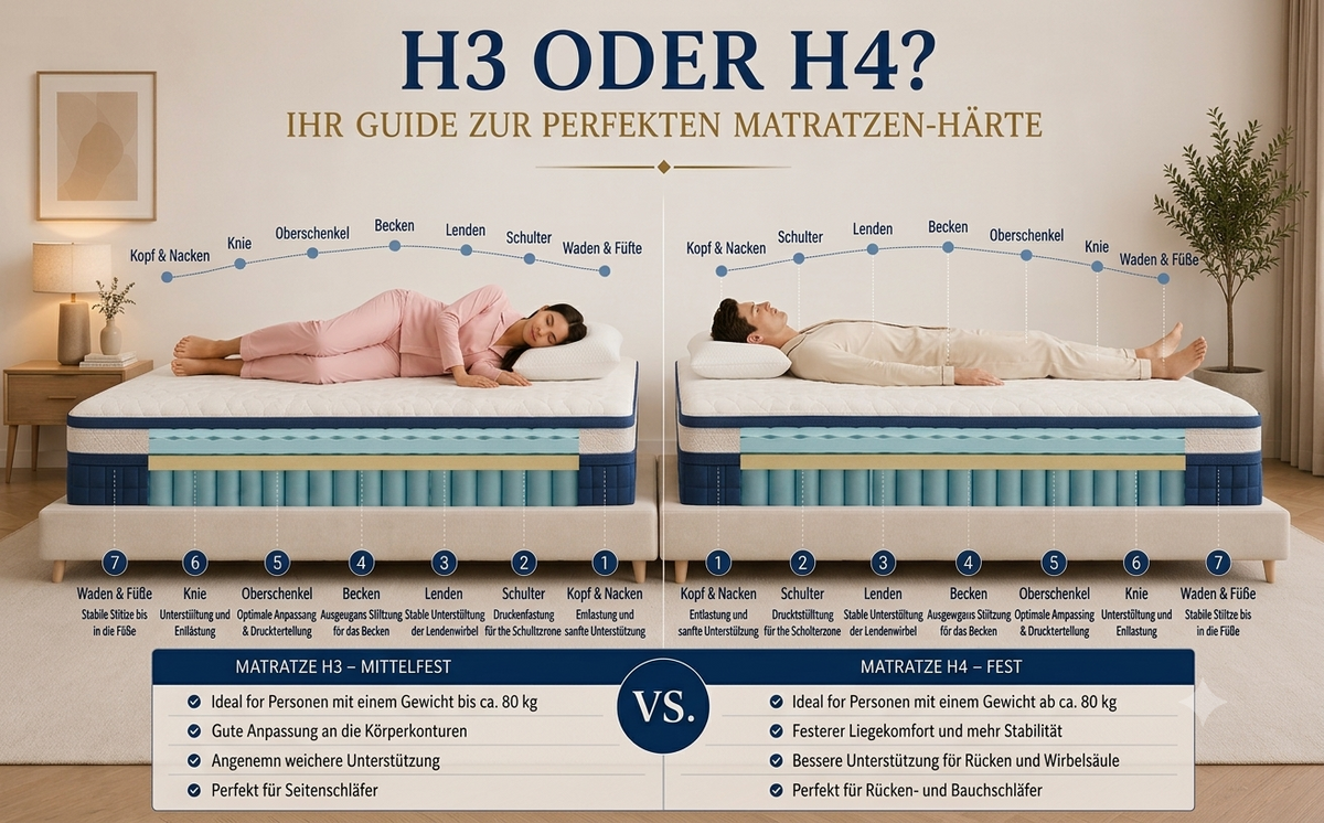 H3 oder H4? Wie Sie Ihre 7-Zonen-Matratze perfekt auf Schlafposition und Körpertyp abstimmen