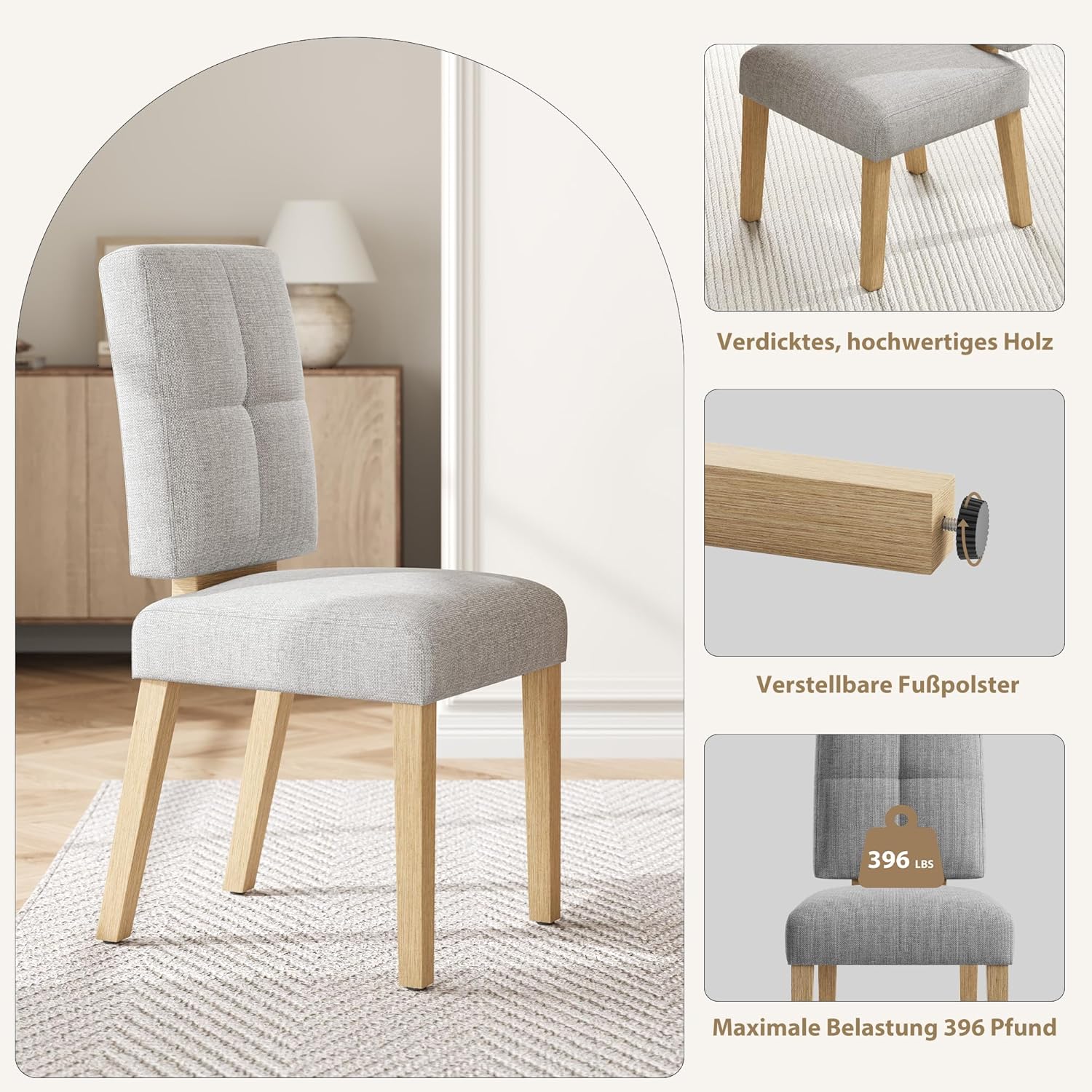 KMJY01 Esszimmerstühle 2er Set, Ergonomische Leinen Polsterstühle und verstärkter Struktur, Küchenstühle