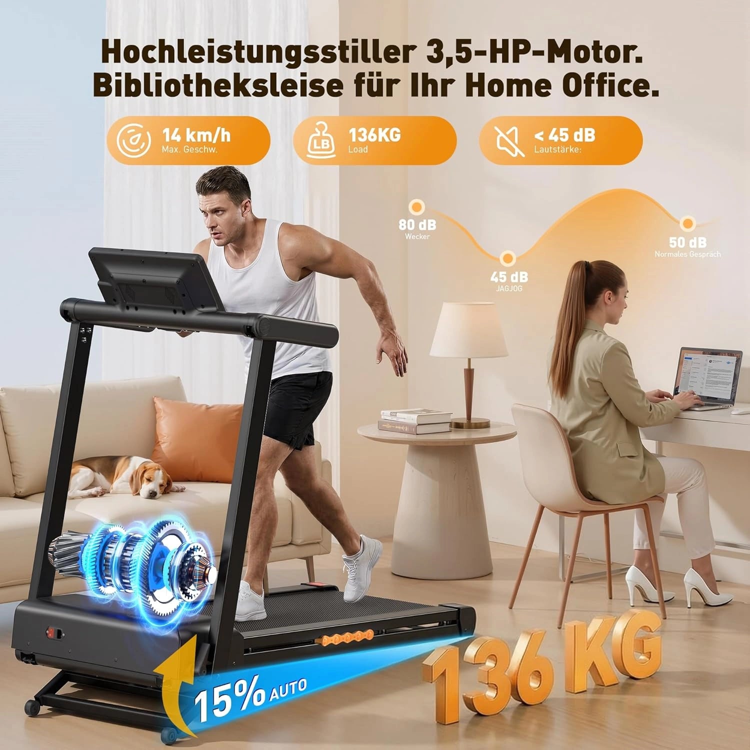 JT60 Laufband für Zuhause Klappbar 3.5 PS 14km/h 15% automatische Steigung Fitnessgerät