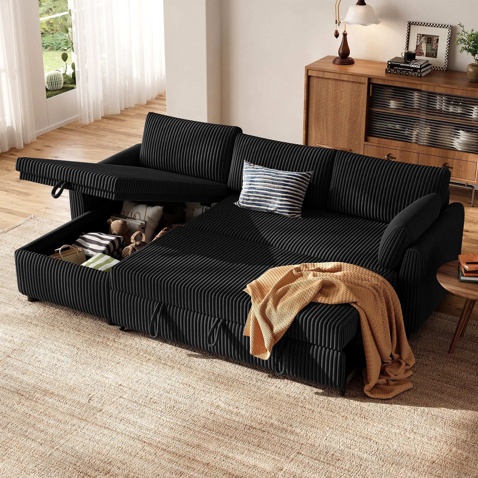 LM07 Ecksofa mit Schlaffunktion Stauraum Cord Schlafsofa ausziehbar L-Form