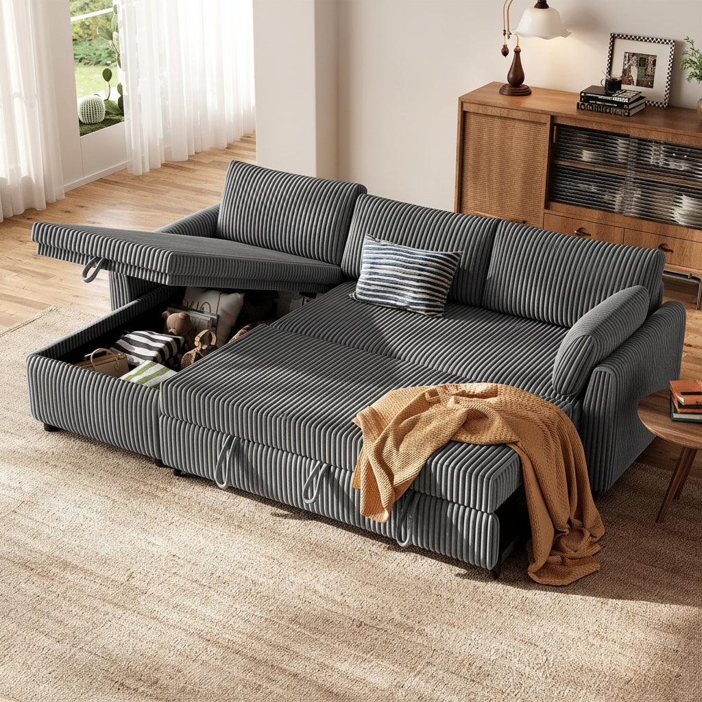 LM07 Ecksofa mit Schlaffunktion Bettkasten Cord Schlafcouch ausziehbar L-Form