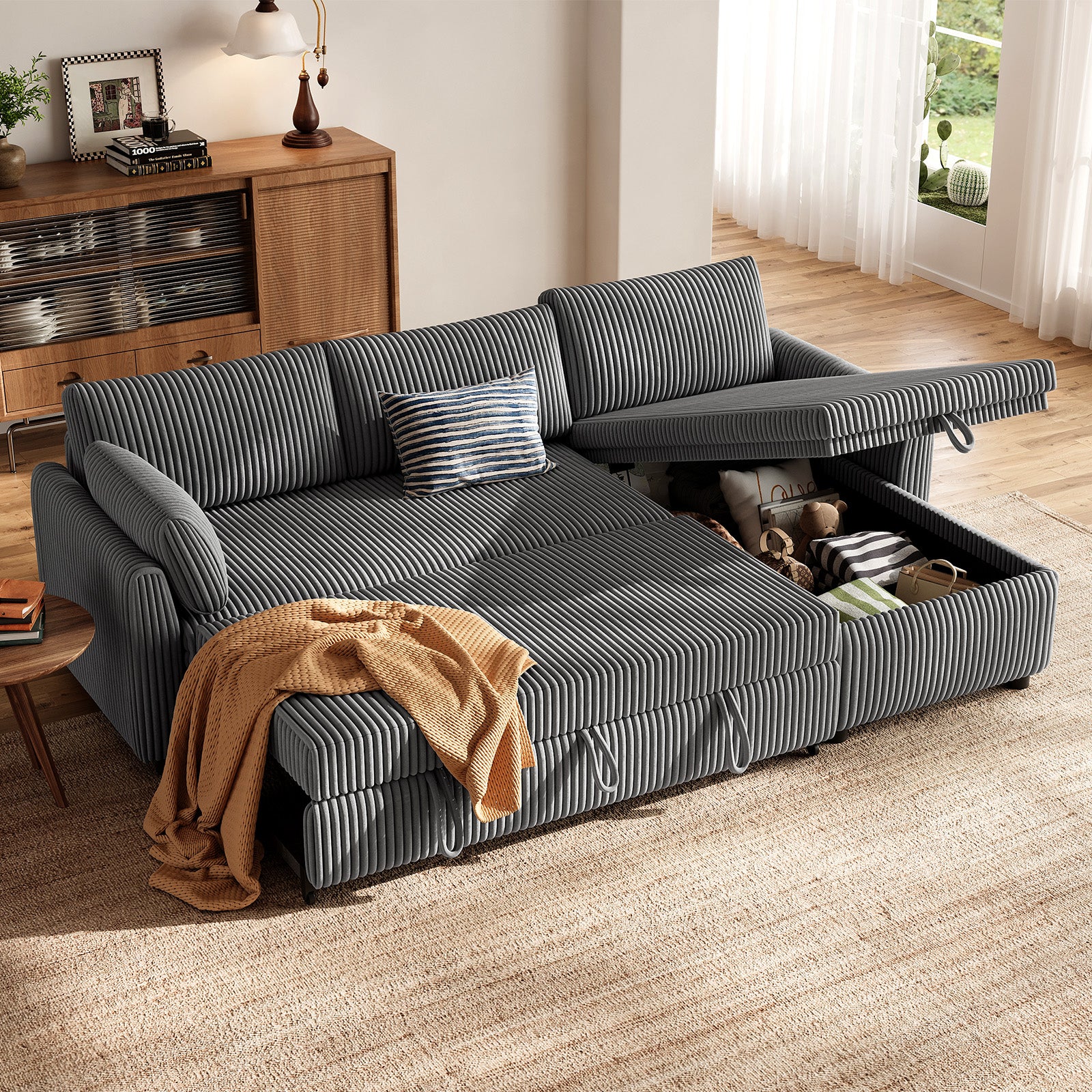 LMF07 Ecksofa mit Schlaffunktion Stauraum Cord Schlafsofa ausziehbar L-Form