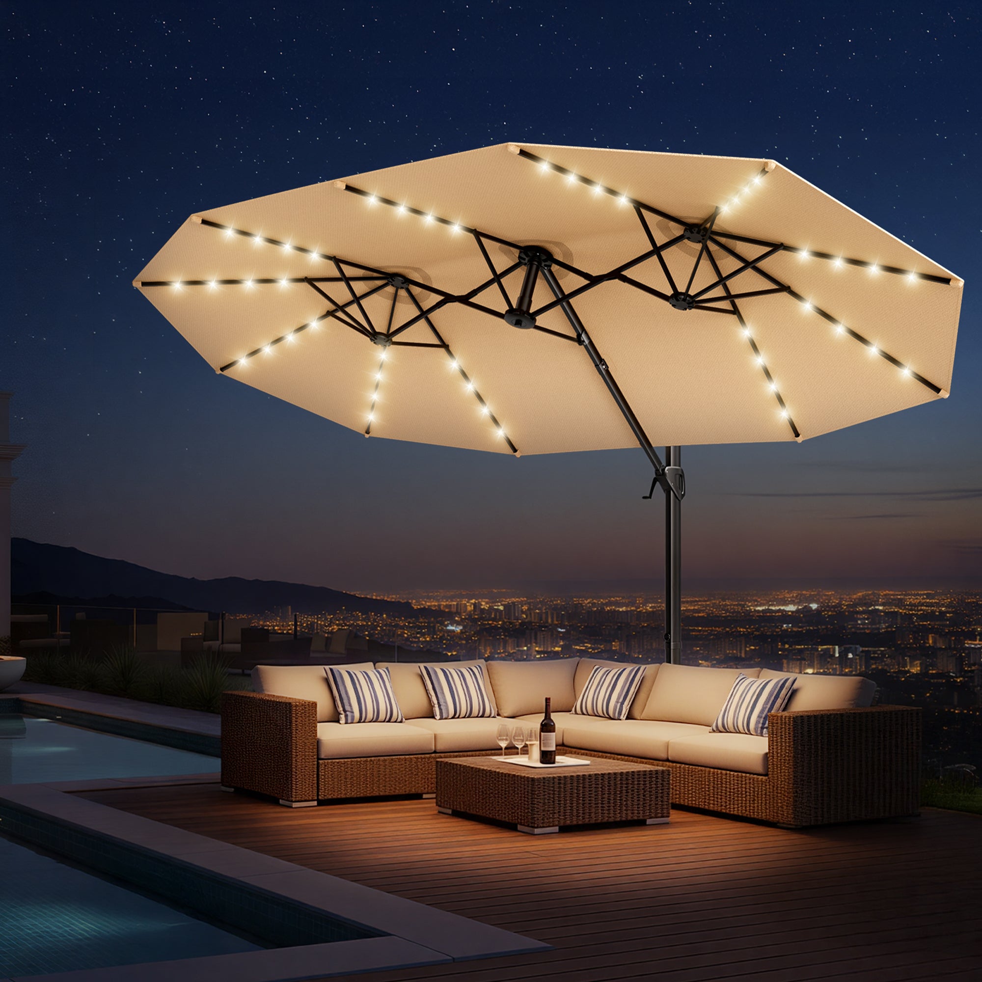 HY41LBO Ampelschirm mit LED Solar 4,5m rechteckig inkl Plattenständer Sonnenschirm