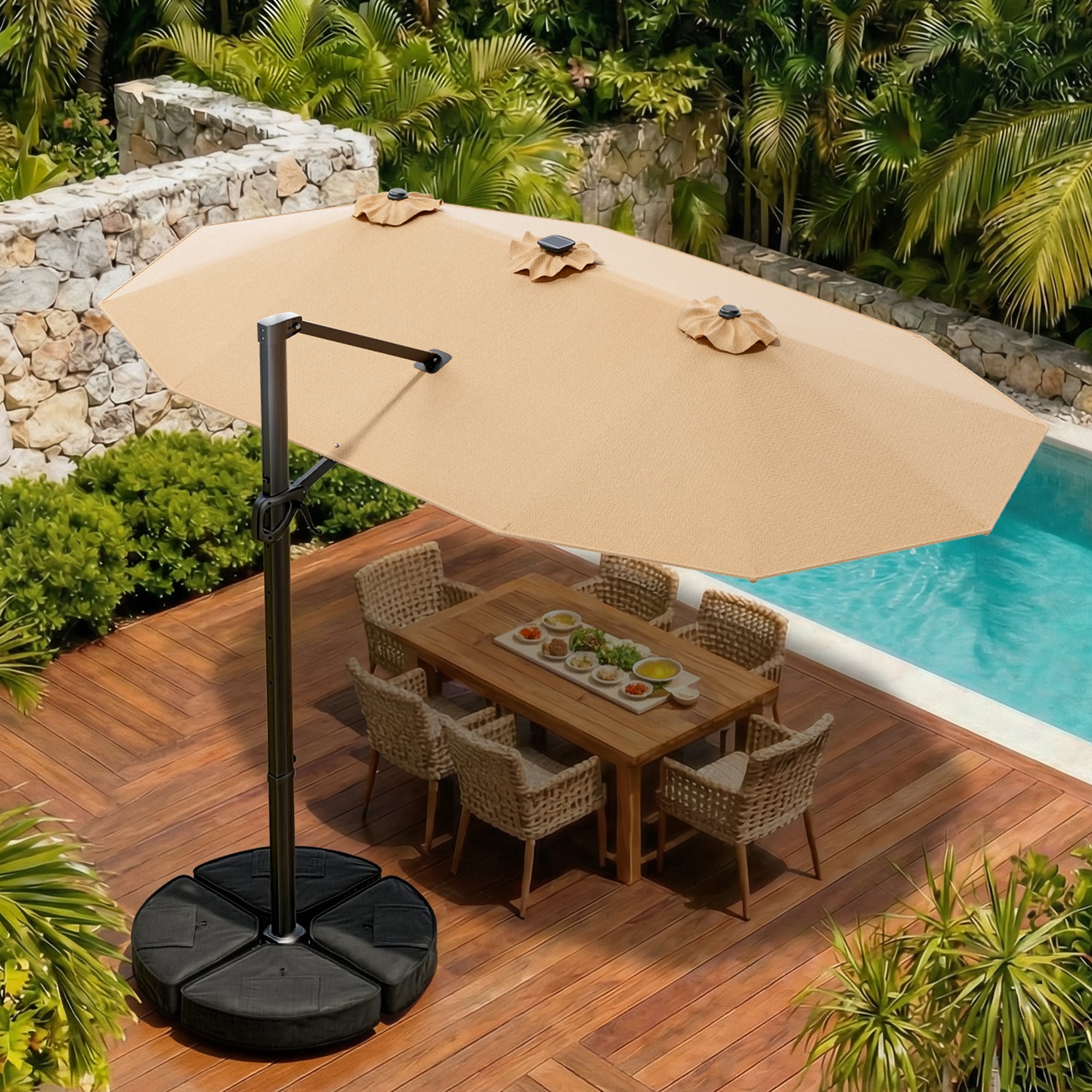 HY41LBO Ampelschirm mit LED Solar 4,5m rechteckig inkl Plattenständer Sonnenschirm