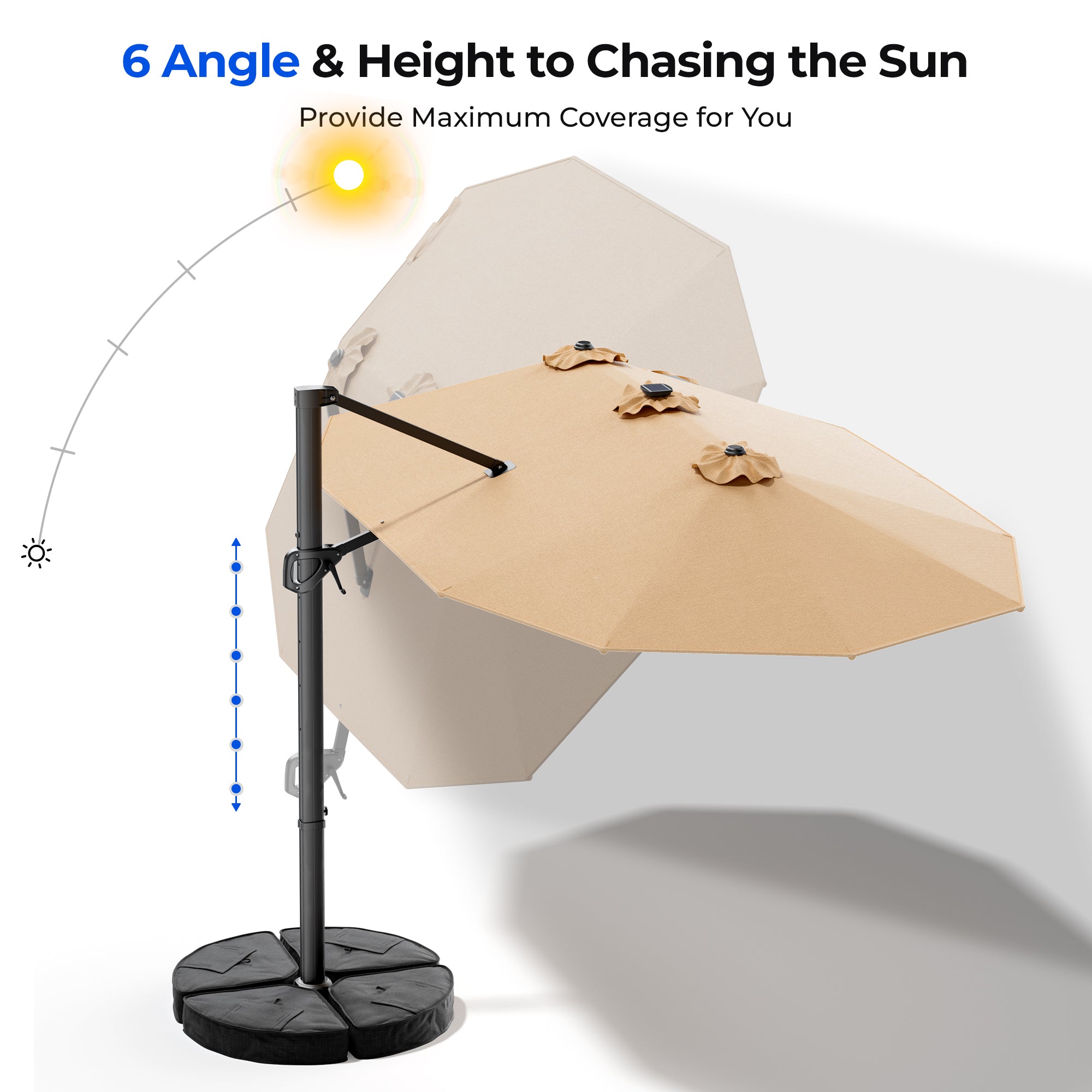 HY41LBO Ampelschirm mit LED Solar 4,5m rechteckig inkl Plattenständer Sonnenschirm