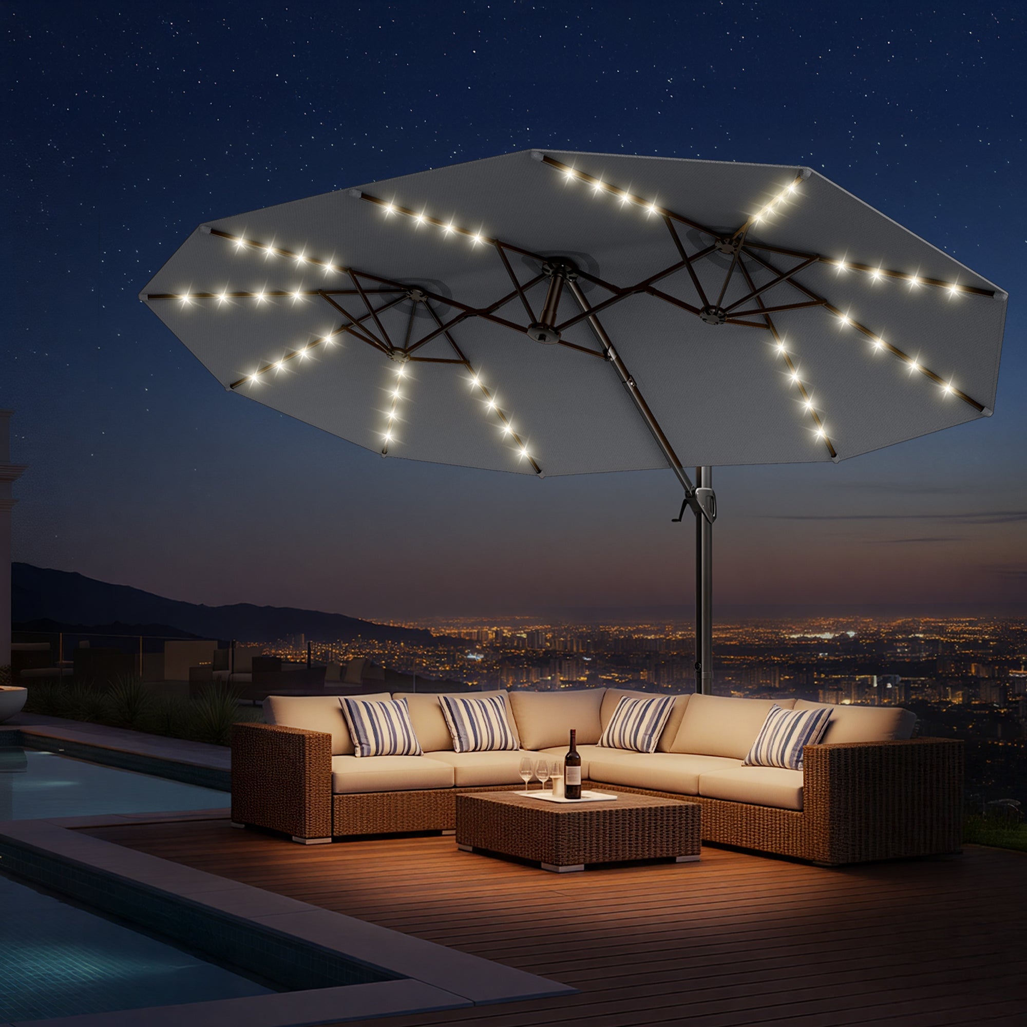 HY41LBO Ampelschirm mit LED Solar 4,5m rechteckig inkl Plattenständer Sonnenschirm