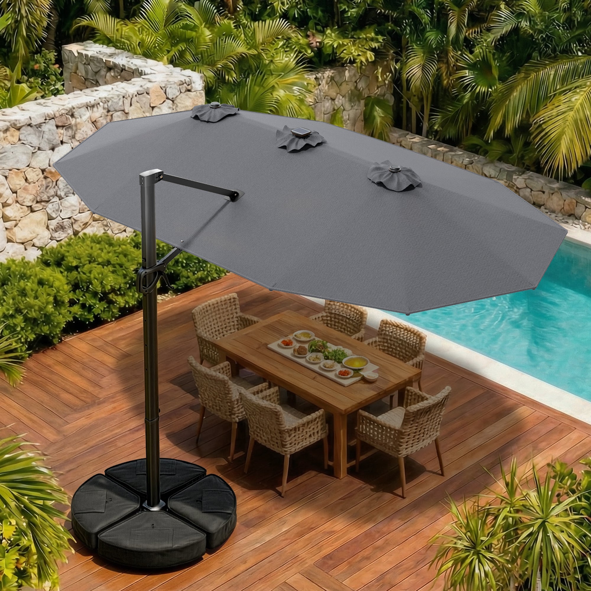 HY41LBO Ampelschirm mit LED Solar 4,5m rechteckig inkl Plattenständer Sonnenschirm