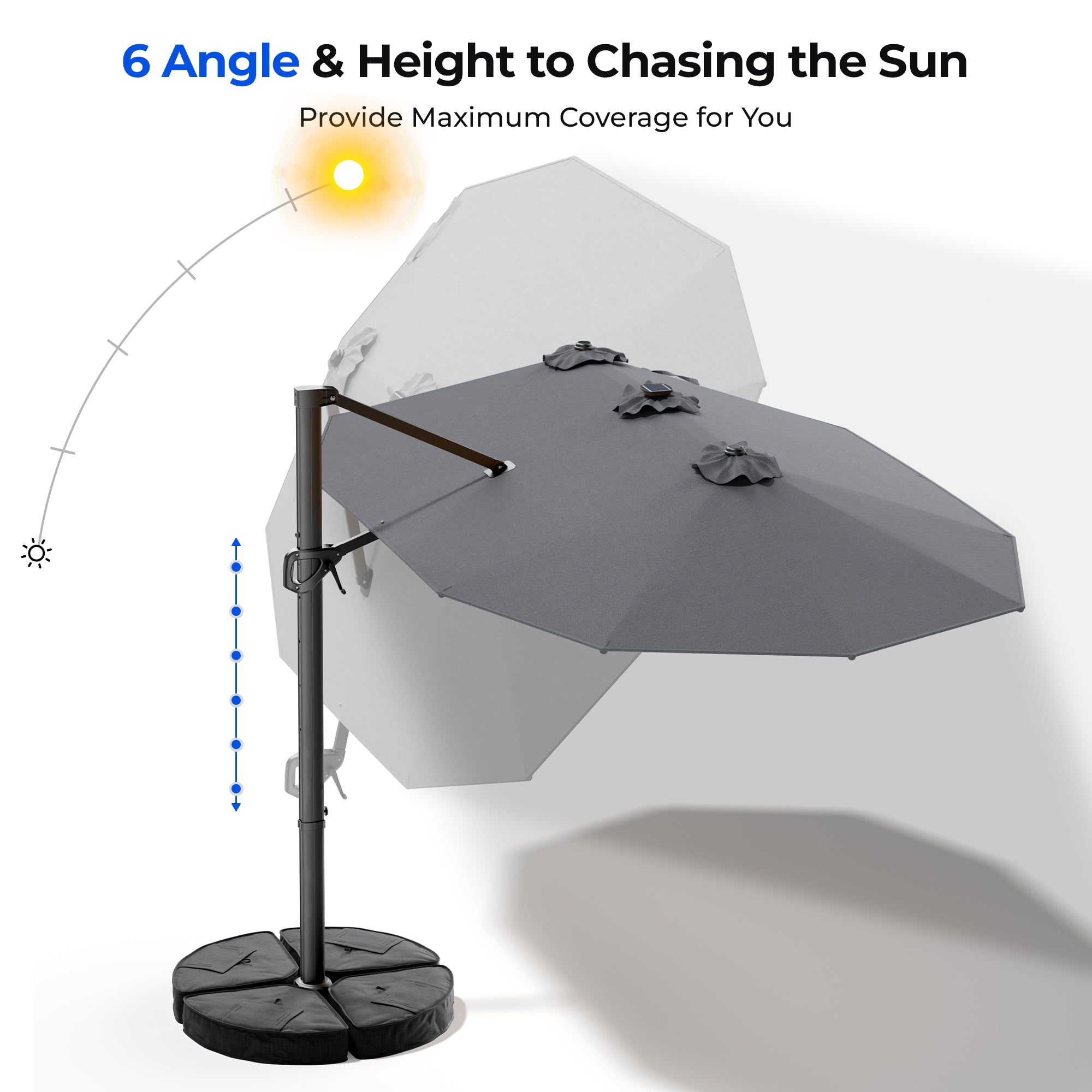 HY41LBO Ampelschirm mit LED Solar 4,5m rechteckig inkl Plattenständer Sonnenschirm