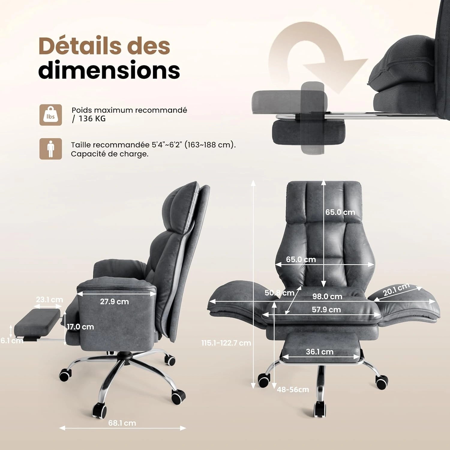 LPTYZ01 Galaxieschwarz Bürostuhl Ergonomisch, 82cm Schneidersitz Chefsessel Stoff mit Fussstütze