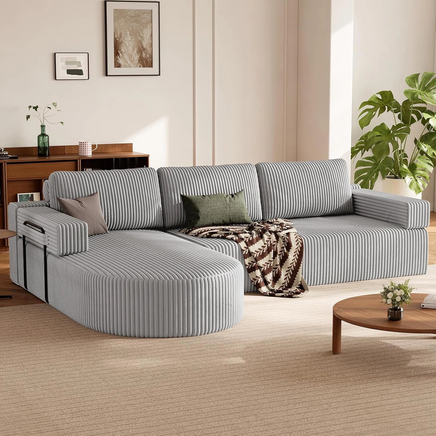 LHMSF11 Ecksofa mit Schlaffunktion Cord Schlafsofa L-Form mit Chaise Longue