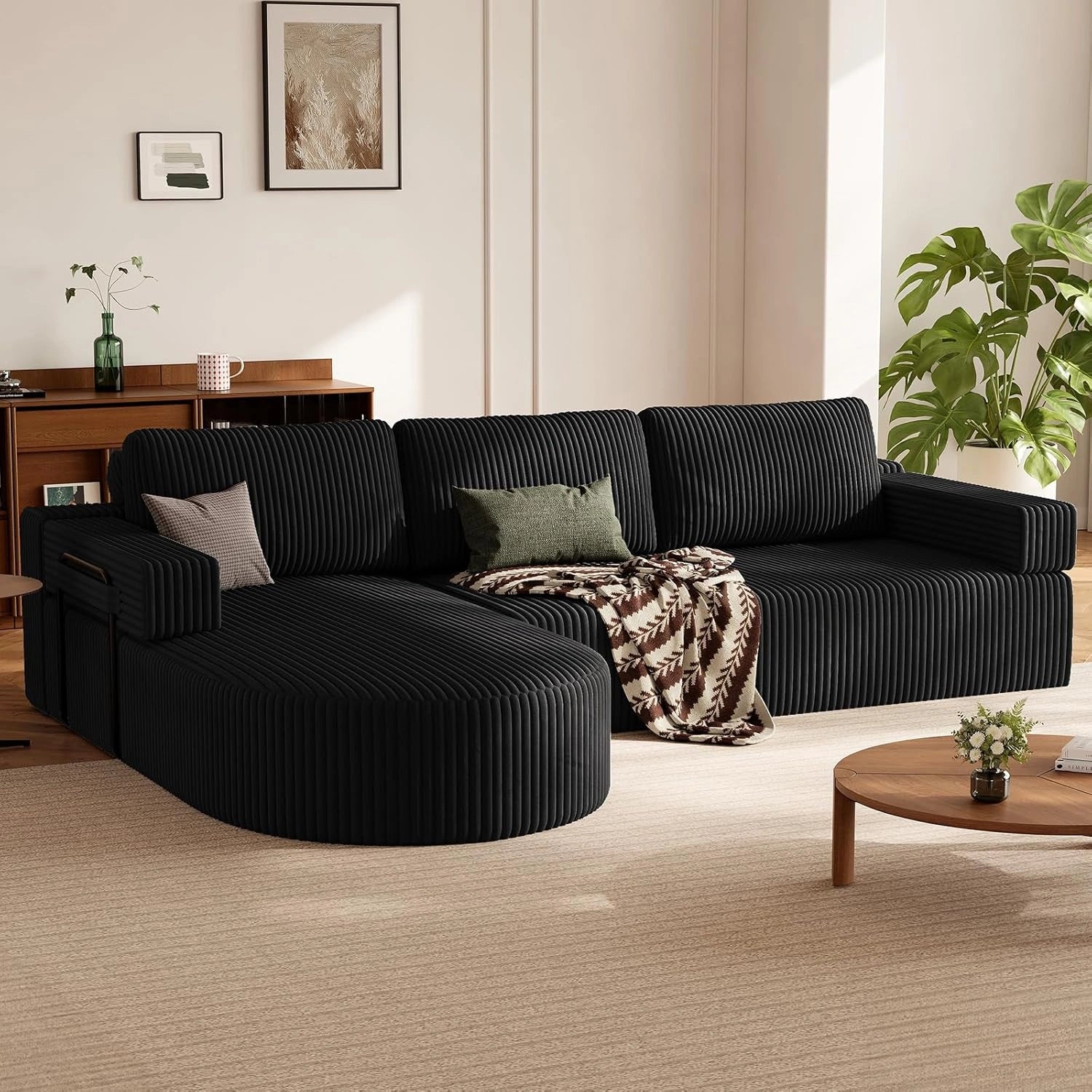 LHMSF11 Ecksofa mit Schlaffunktion Cord Schlafsofa L-Form mit Chaise Longue