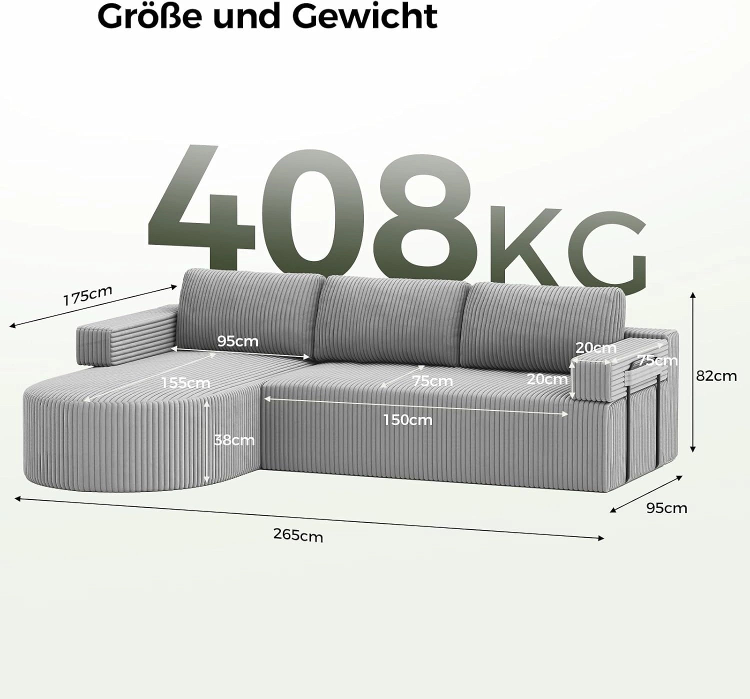 LHMSF11 Ecksofa mit Schlaffunktion Cord Schlafsofa L-Form mit Chaise Longue