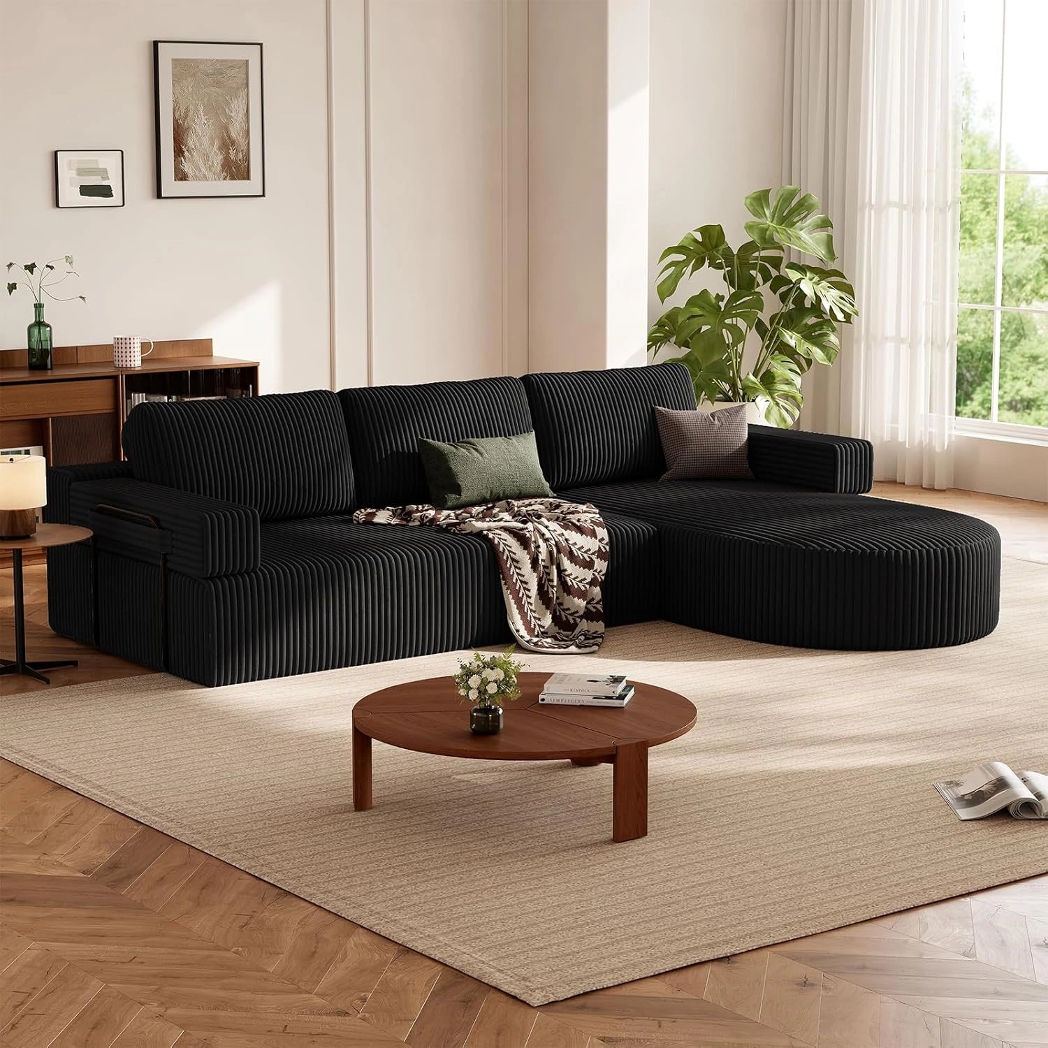 LHMSF11 Ecksofa mit Schlaffunktion Cord Schlafsofa L-Form mit Chaise Longue