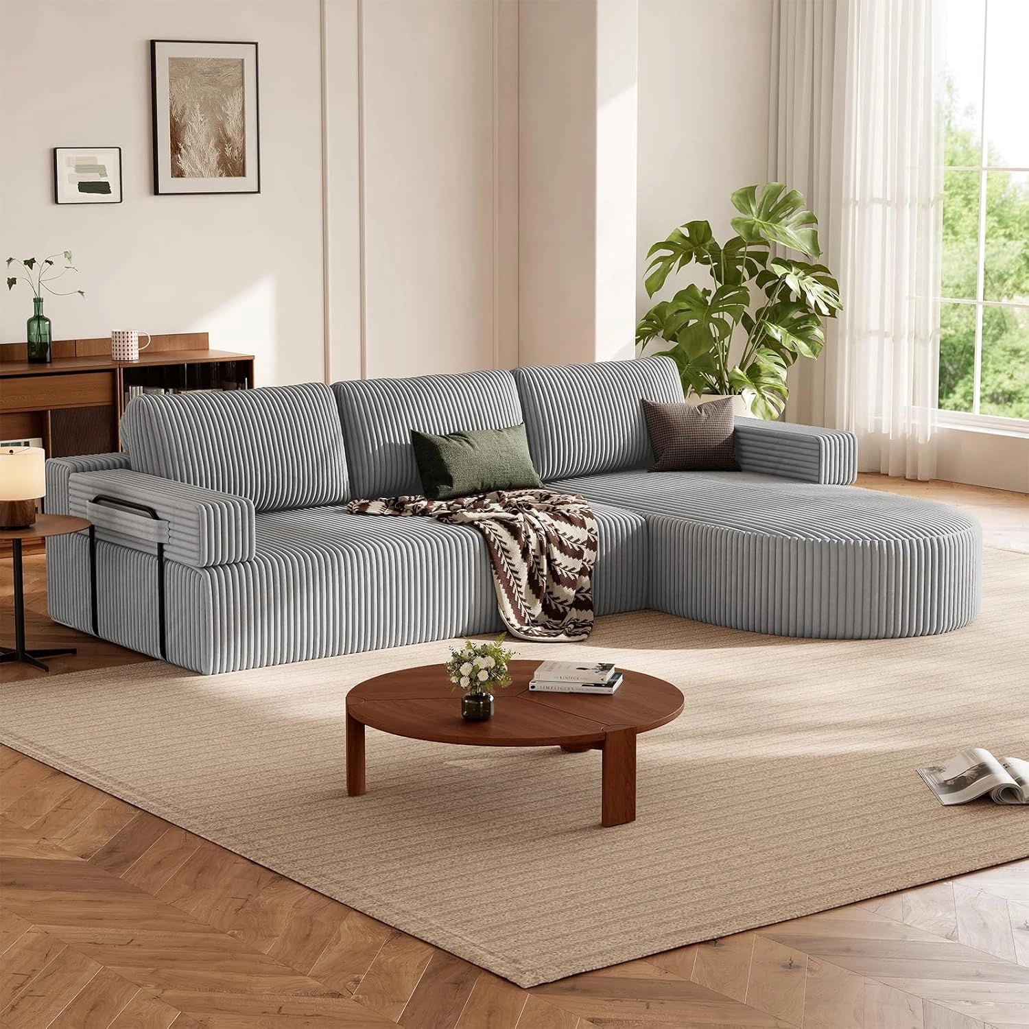 LHMSF11 Ecksofa mit Schlaffunktion Cord Schlafsofa L-Form mit Chaise Longue