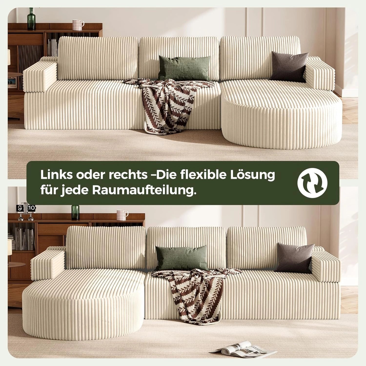 LHMSF11 Ecksofa mit Schlaffunktion Cord Schlafsofa L-Form mit Chaise Longue