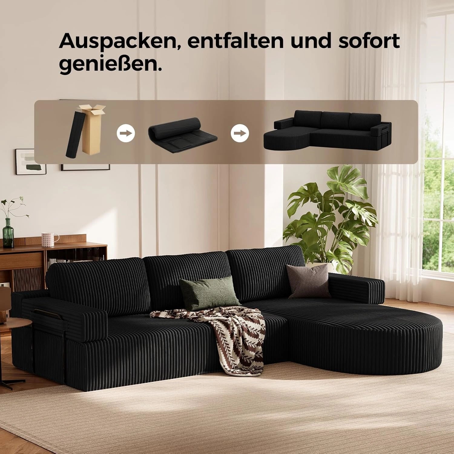 LHMSF11 Ecksofa mit Schlaffunktion Cord Schlafsofa L-Form mit Chaise Longue