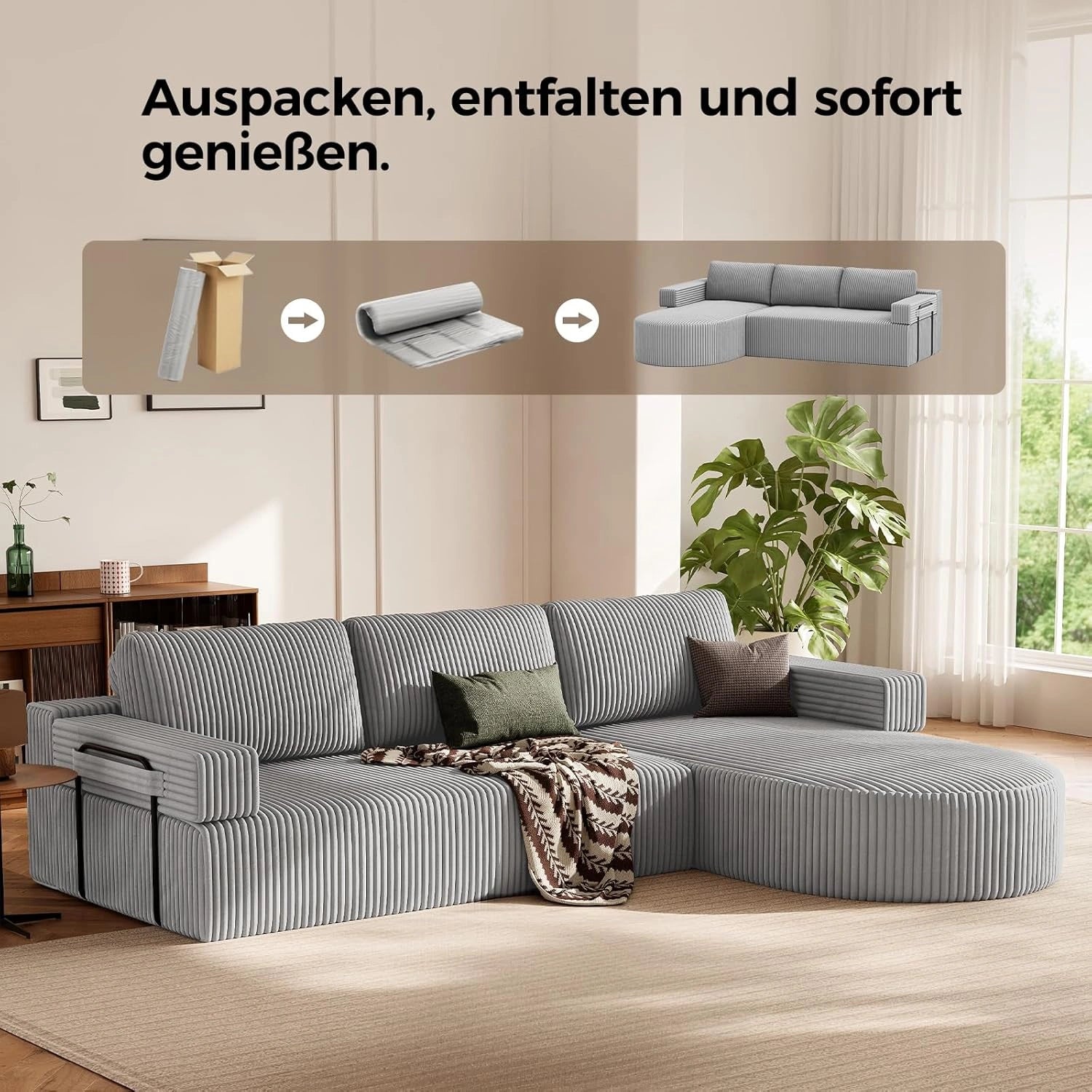 LHMSF11 Ecksofa mit Schlaffunktion Cord Schlafsofa L-Form mit Chaise Longue