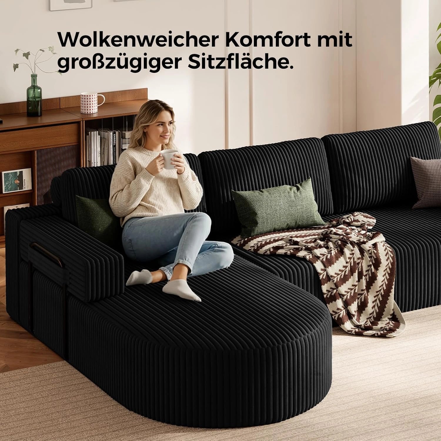 LHMSF11 Ecksofa mit Schlaffunktion Cord Schlafsofa L-Form mit Chaise Longue