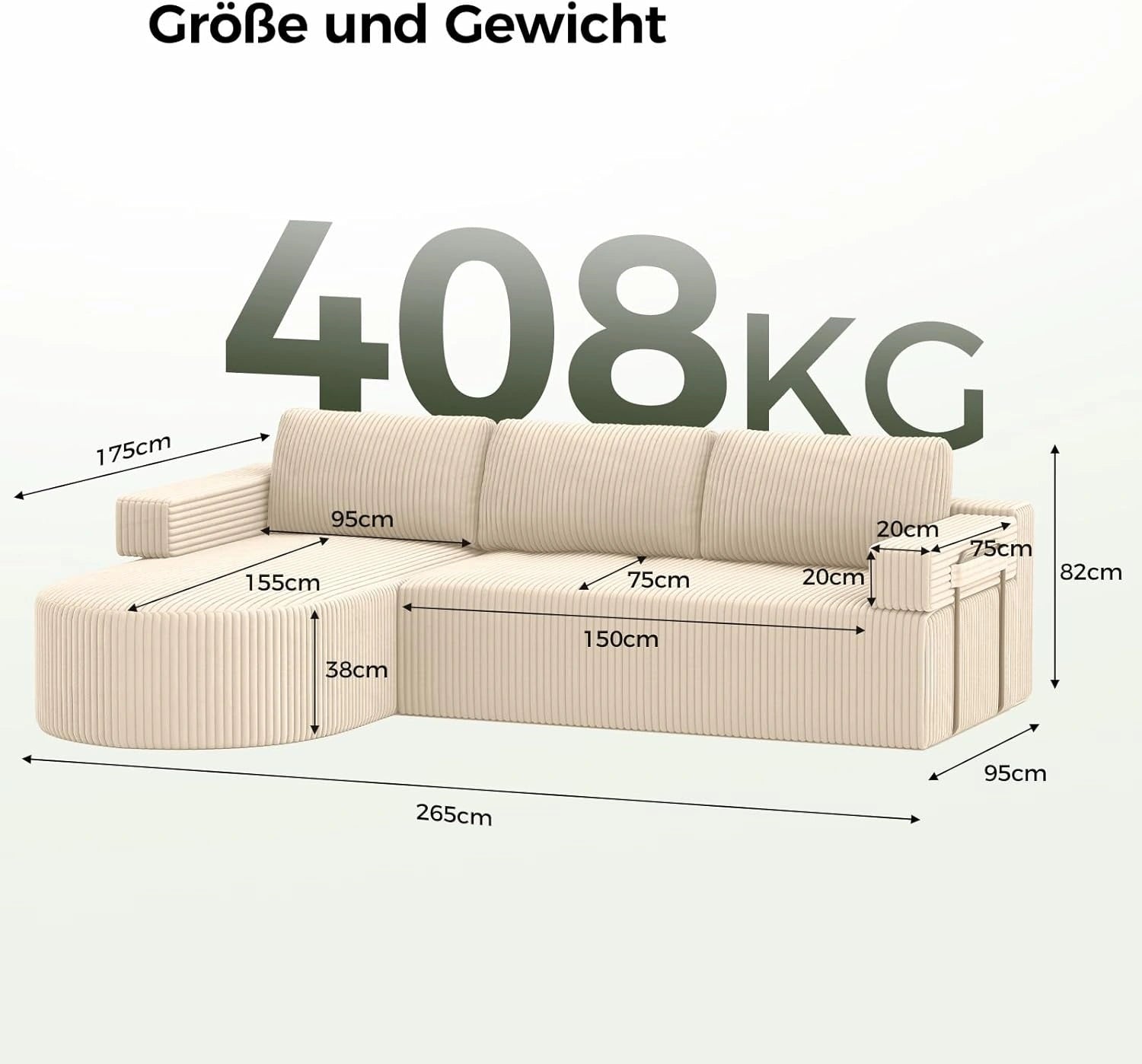 LHMSF11 Ecksofa mit Schlaffunktion Cord Schlafsofa L-Form mit Chaise Longue
