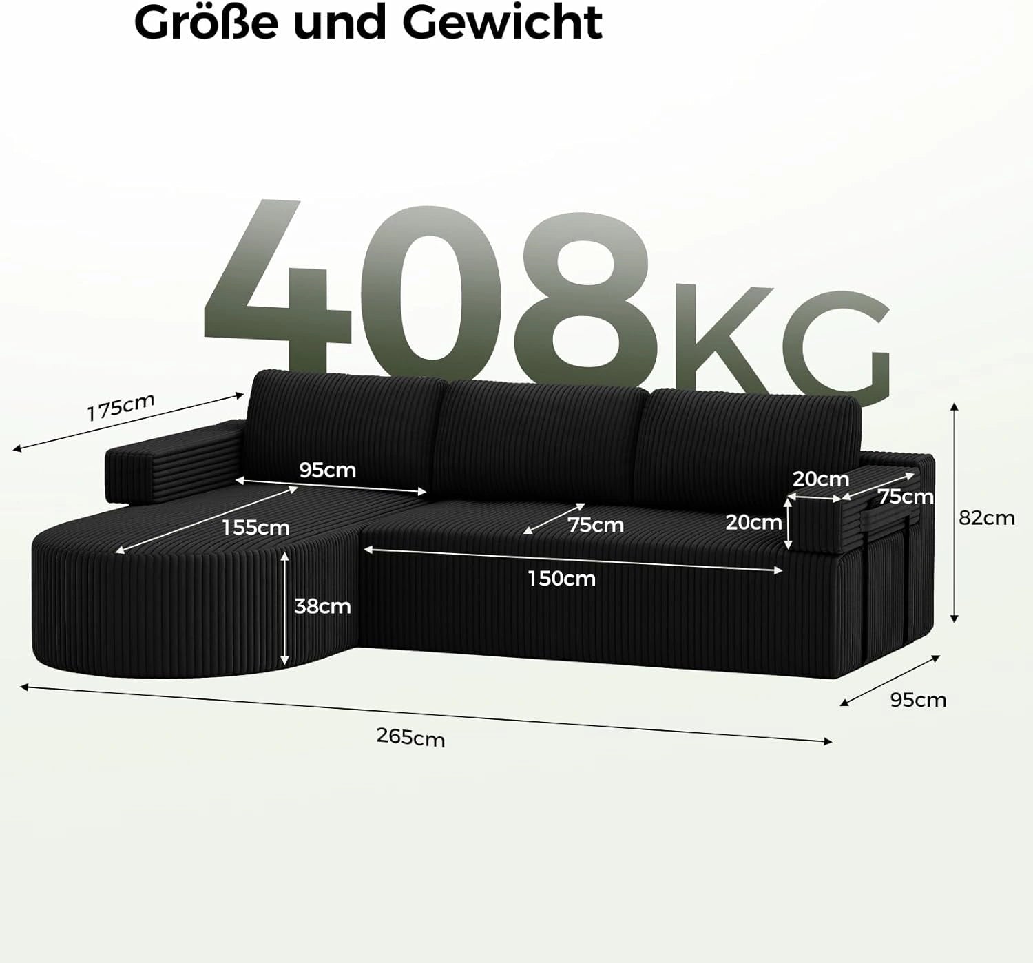LHMSF11 Ecksofa mit Schlaffunktion Cord Schlafsofa L-Form mit Chaise Longue