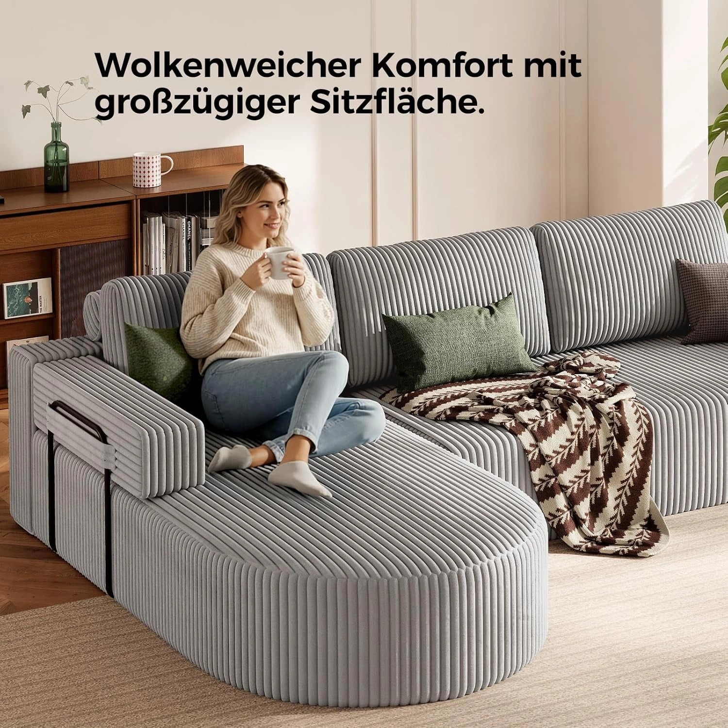 LHMSF11 Ecksofa mit Schlaffunktion Cord Schlafsofa L-Form mit Chaise Longue