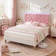 BR21 Kinderbett mit LED Beleuchtung, Rosa Cord Mädchenbett mit Lattenrost