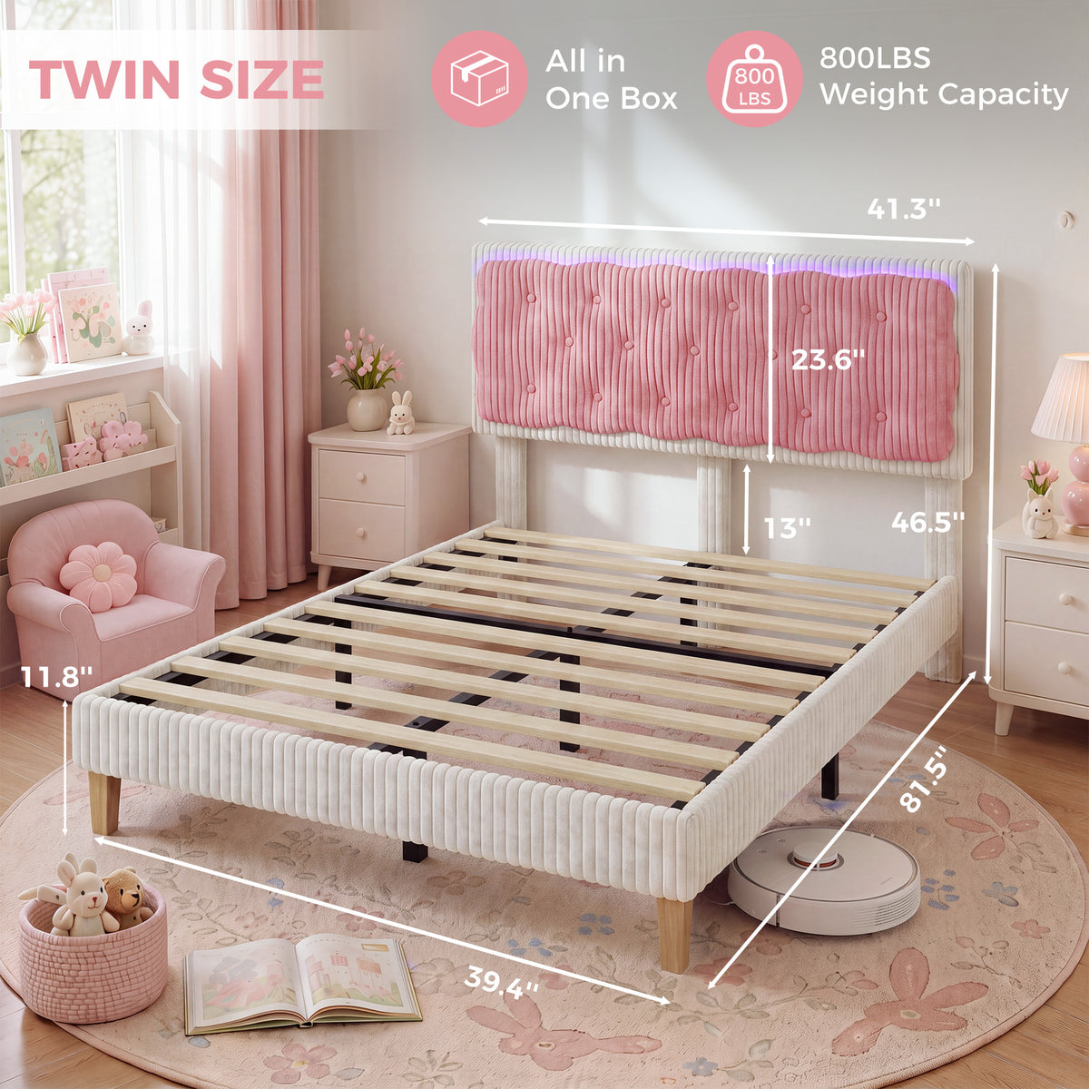 BR21 Kinderbett mit LED Beleuchtung, Rosa Cord Mädchenbett mit Lattenrost