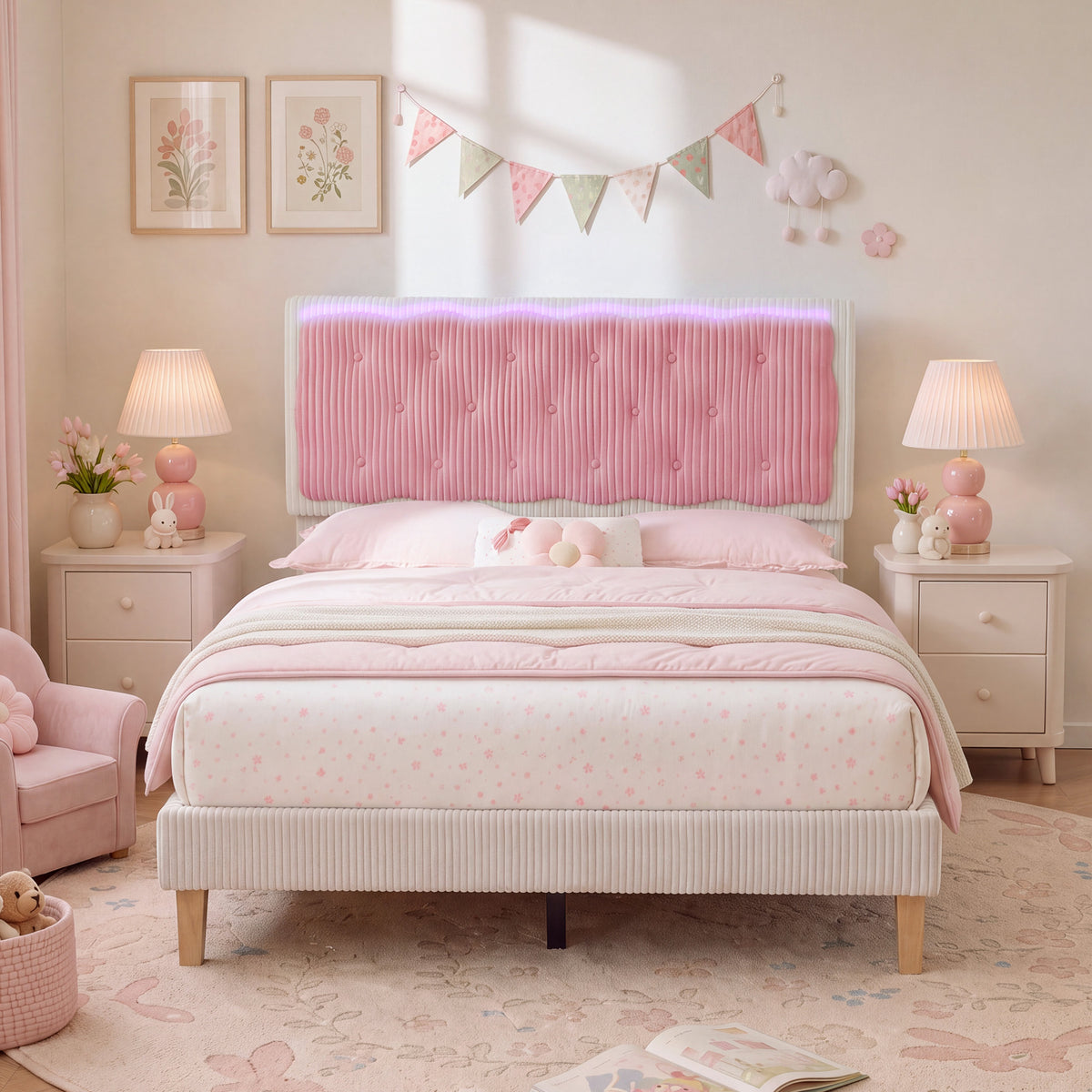 BR21 Kinderbett mit LED Beleuchtung, Rosa Cord Mädchenbett mit Lattenrost