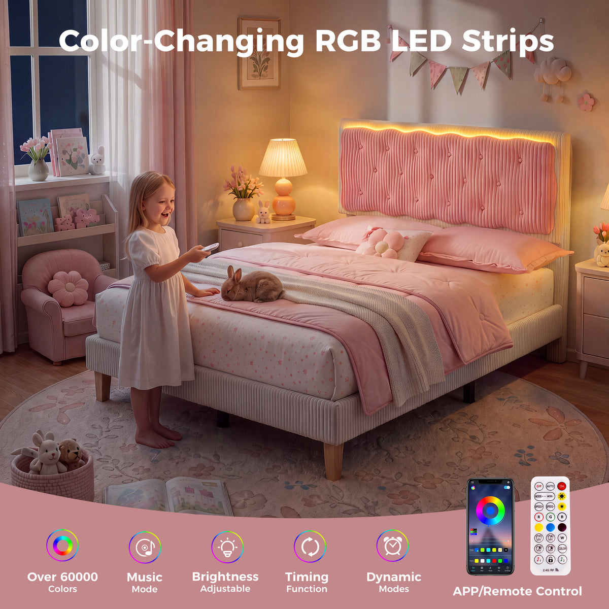 BR21 Kinderbett mit LED Beleuchtung, Rosa Cord Mädchenbett mit Lattenrost