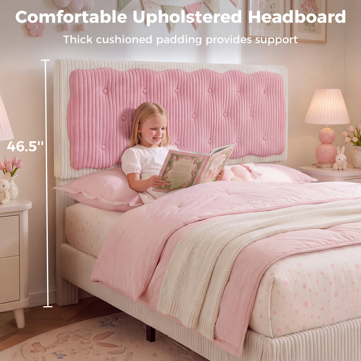BR21 Kinderbett mit LED Beleuchtung, Rosa Cord Mädchenbett mit Lattenrost