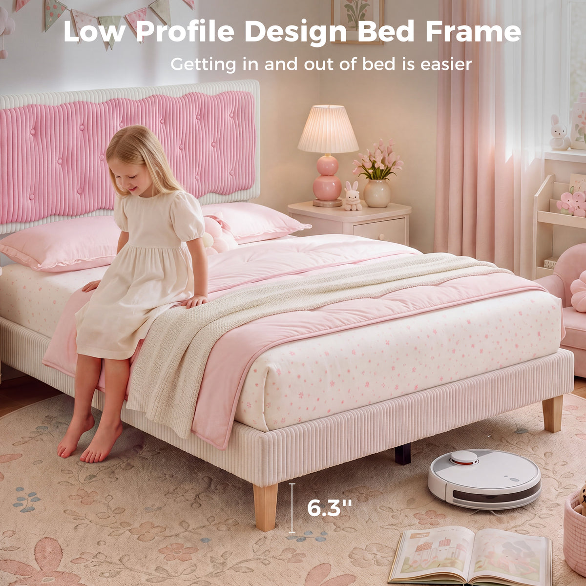 BR21 Kinderbett mit LED Beleuchtung, Rosa Cord Mädchenbett mit Lattenrost