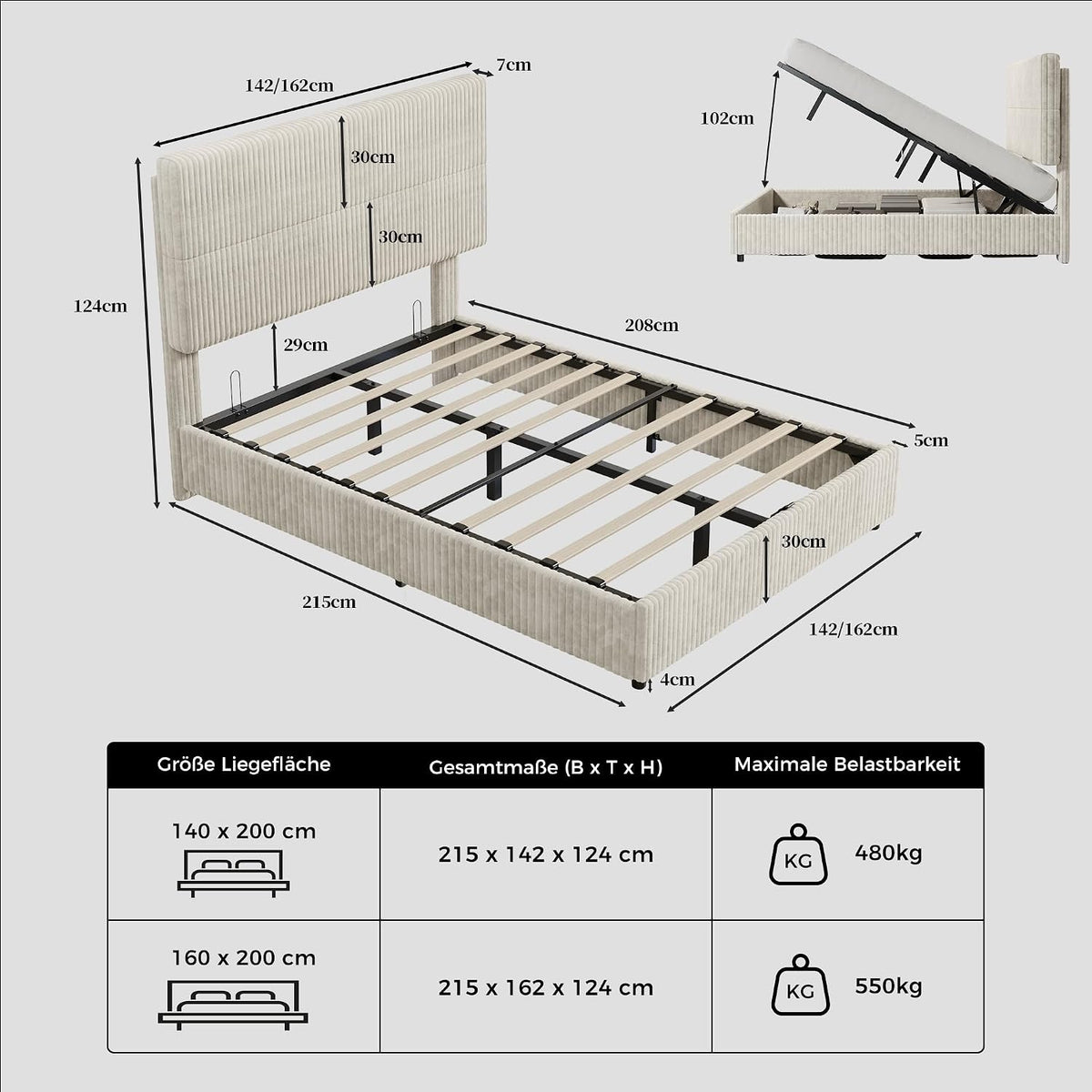 BR22 Bett mit Bettkasten, Hydraulisches Cord Polsterbett mit Lattenrost Stauraumbett