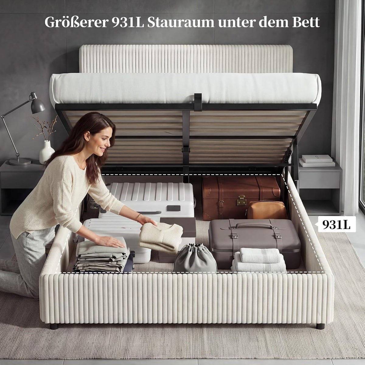 BR22 Bett mit Bettkasten, Hydraulisches Cord Polsterbett mit Lattenrost Stauraumbett