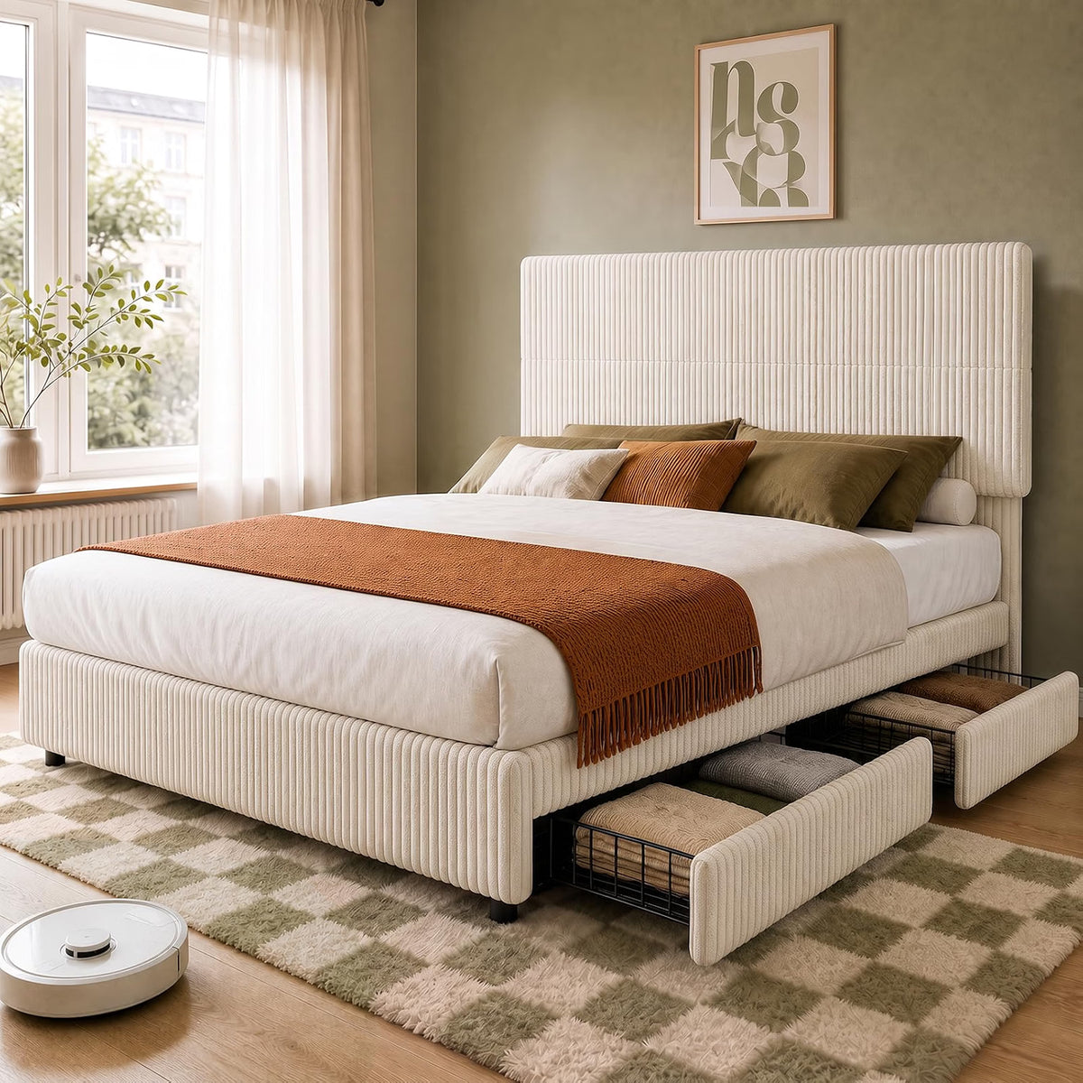 BR23 Bett mit Schubladen, Flexible Cord Polsterbett mit Lattenrost Stauraumbett