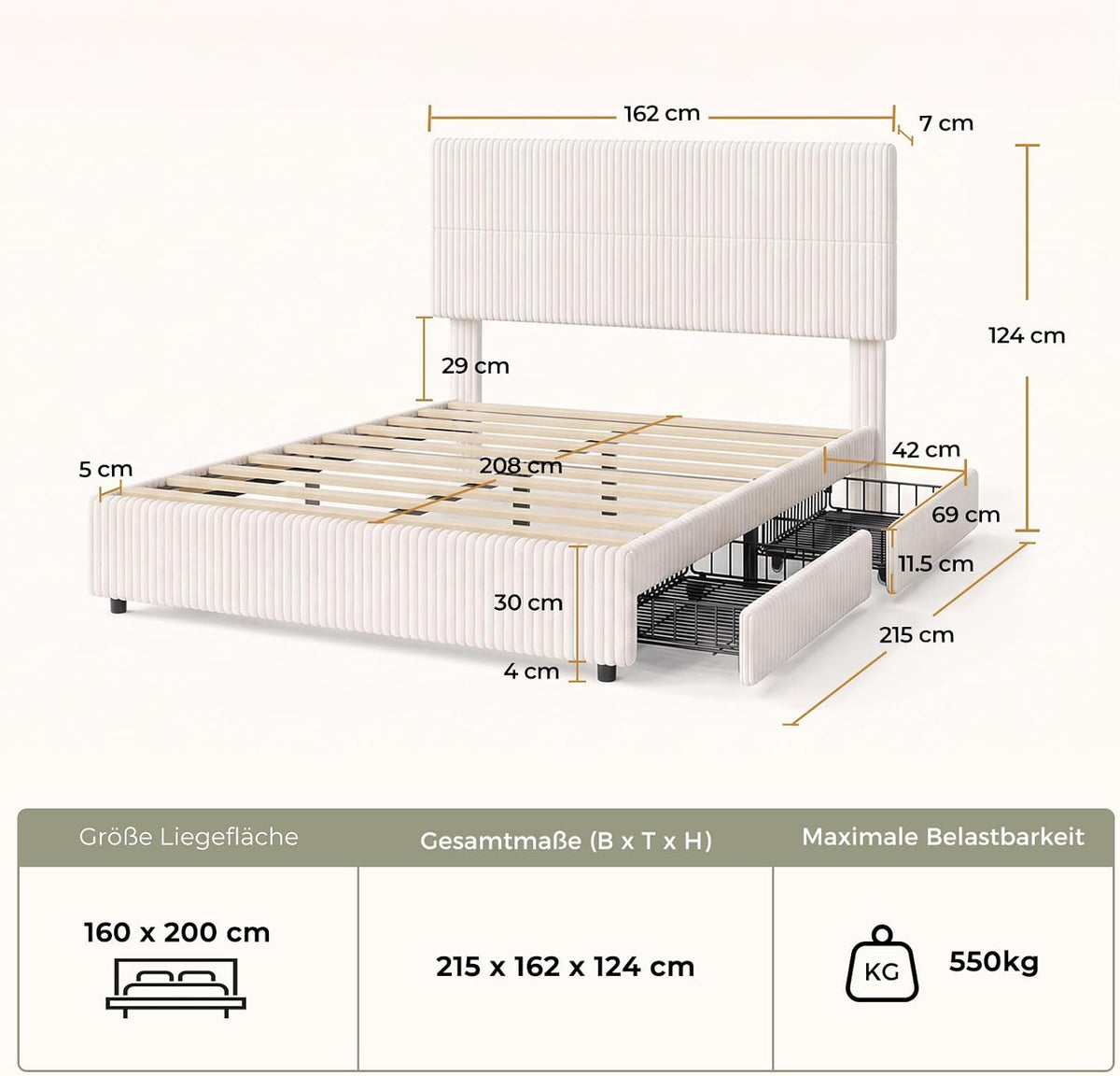 BR23 Bett mit Schubladen, Flexible Cord Polsterbett mit Lattenrost Stauraumbett