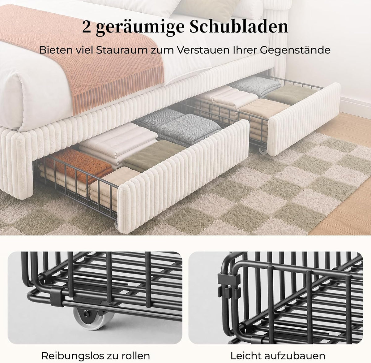 BR23 Bett mit Schubladen, Flexible Cord Polsterbett mit Lattenrost Stauraumbett