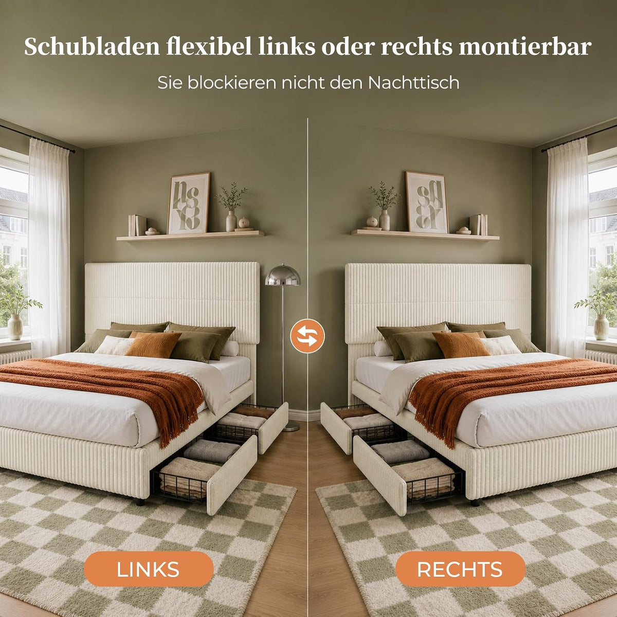BR23 Bett mit Schubladen, Flexible Cord Polsterbett mit Lattenrost Stauraumbett