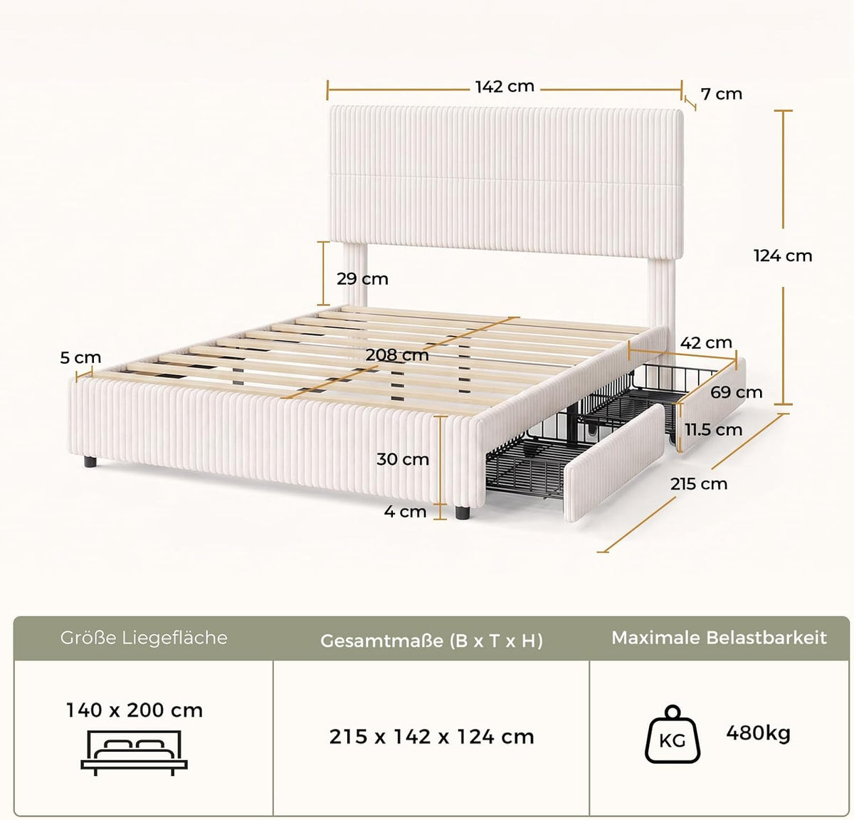 BR23 Bett mit Schubladen, Flexible Cord Polsterbett mit Lattenrost Stauraumbett