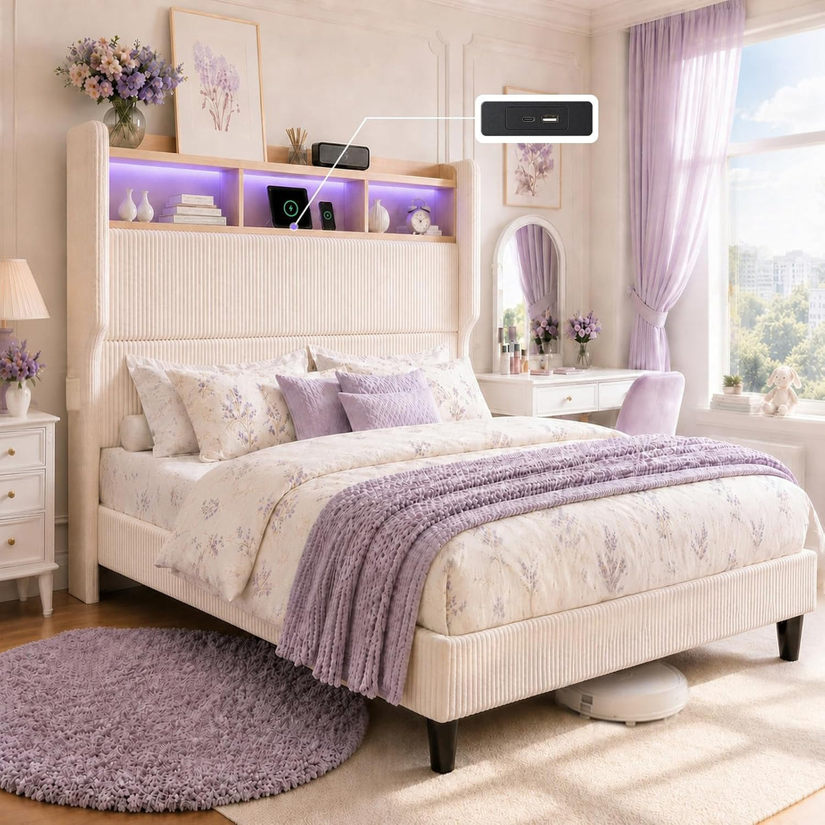 BR24 Polsterbett mit Lattenrost, Smart LED Steckdose Cord Bett mit Stauraum