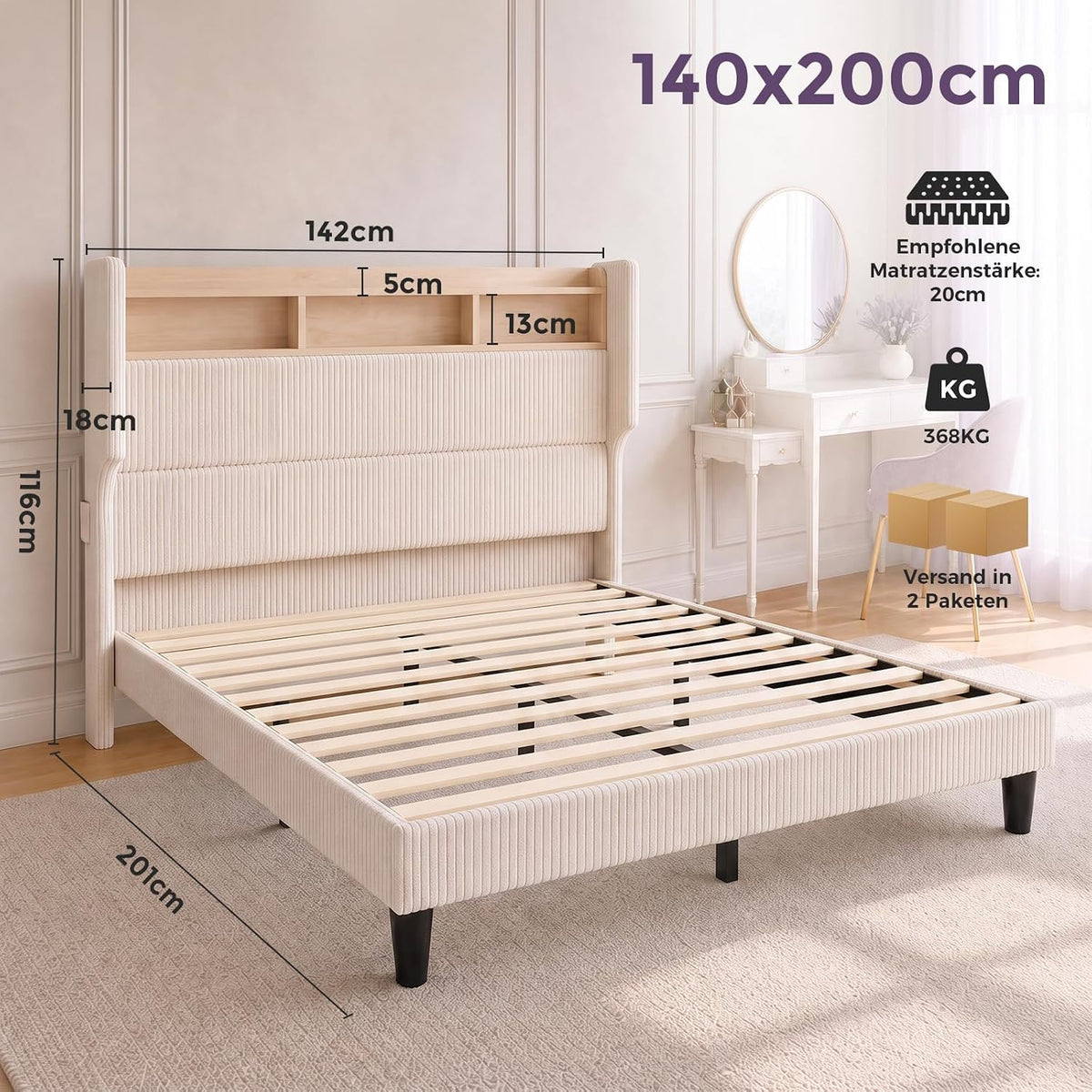BR24 Polsterbett mit Lattenrost, Smart LED Steckdose Cord Bett mit Stauraum