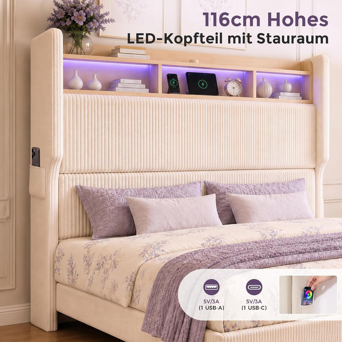 BR24 Polsterbett mit Lattenrost, Smart LED Steckdose Cord Bett mit Stauraum