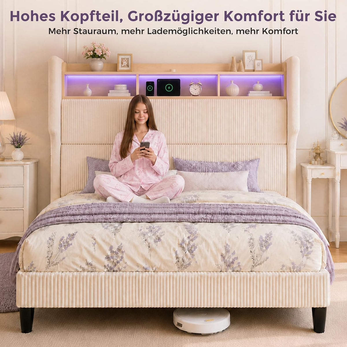 BR24 Polsterbett mit Lattenrost, Smart LED Steckdose Cord Bett mit Stauraum