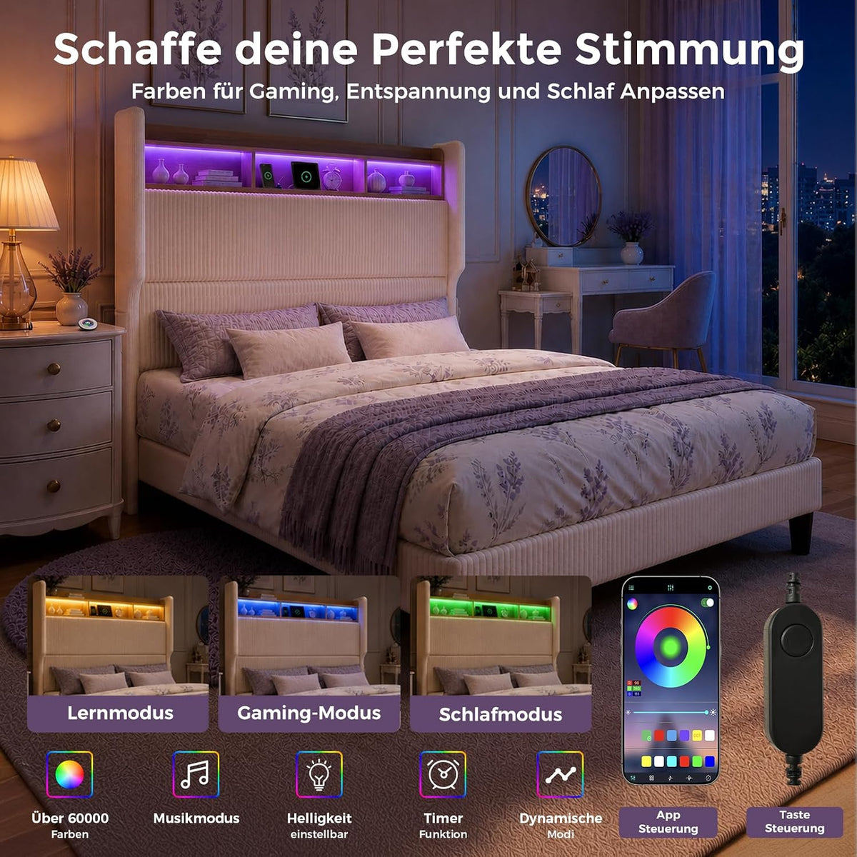 BR24 Polsterbett mit Lattenrost, Smart LED Steckdose Cord Bett mit Stauraum