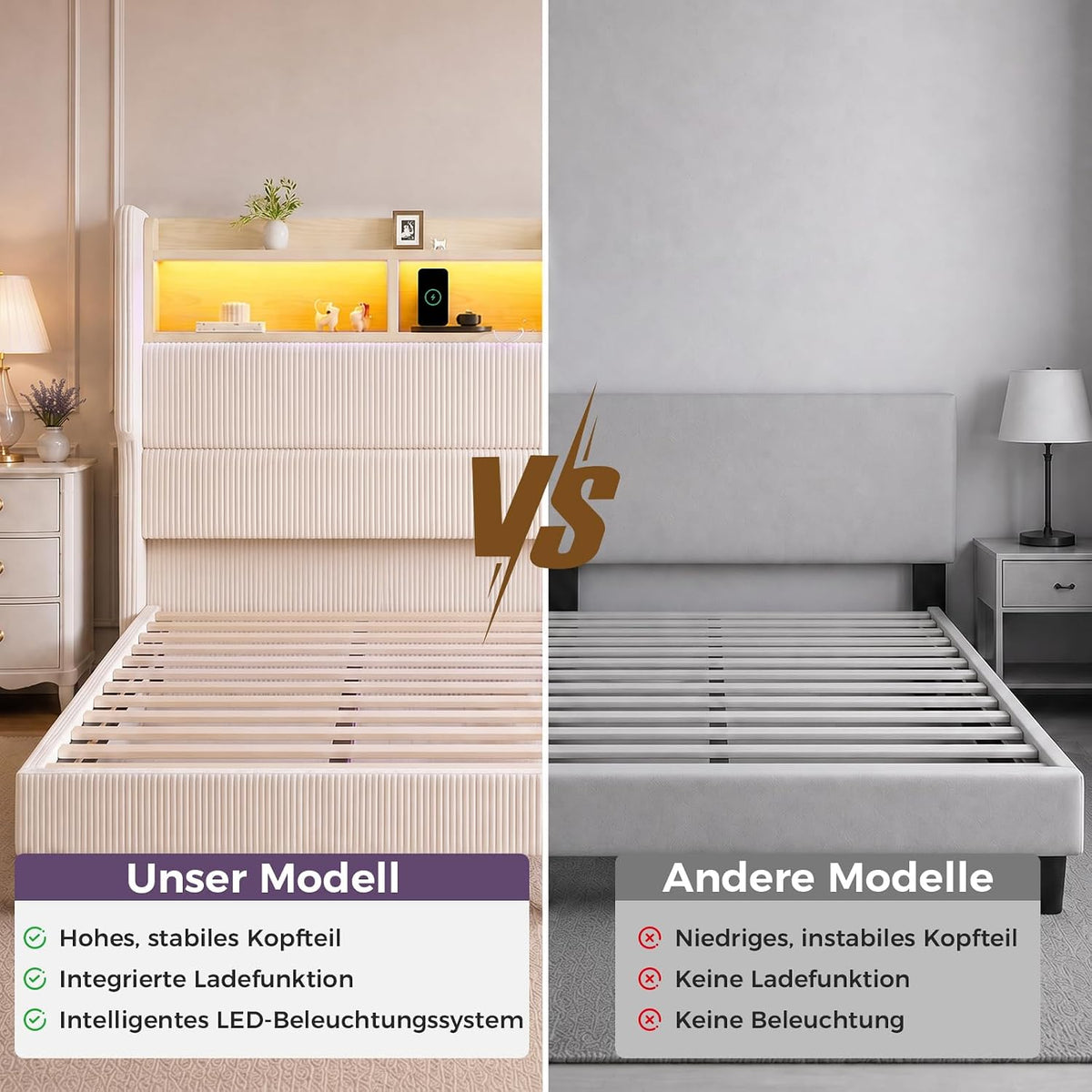 BR24 Polsterbett mit Lattenrost, Smart LED Steckdose Cord Bett mit Stauraum