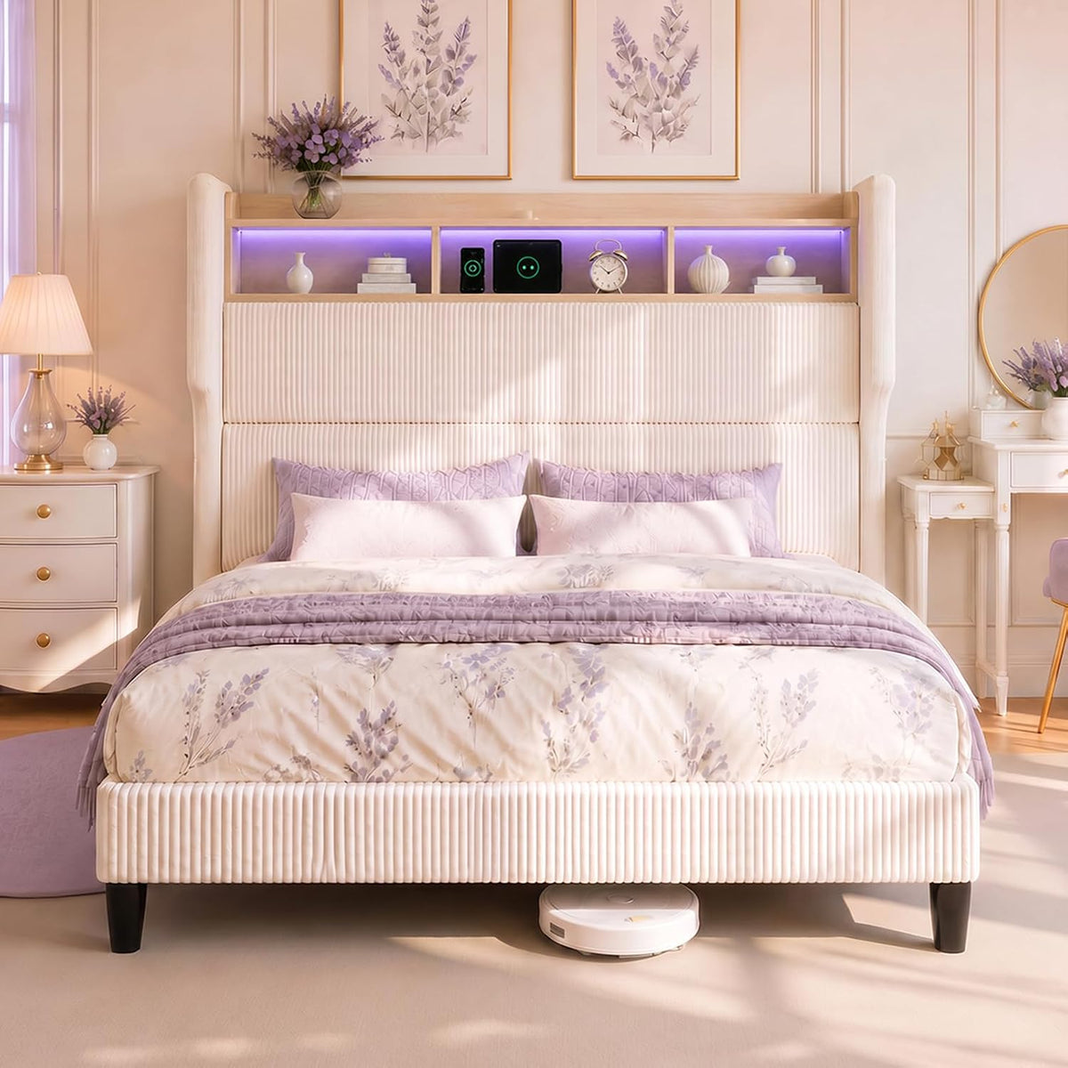 BR24 Polsterbett mit Lattenrost, Smart LED Steckdose Cord Bett mit Stauraum