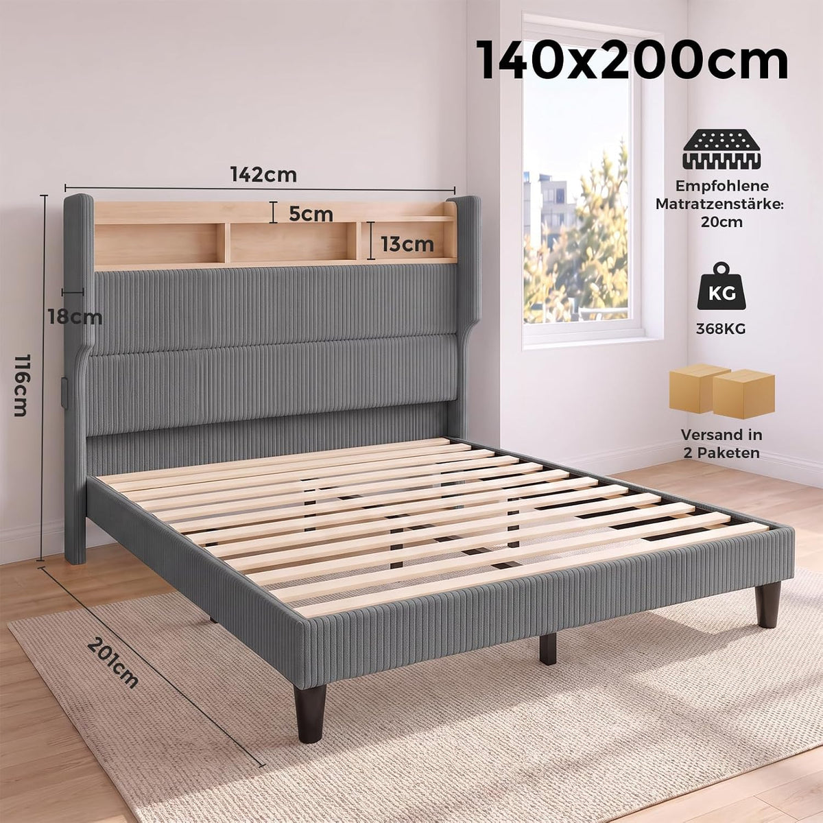 BR24 Polsterbett mit Lattenrost, Smart LED Steckdose Cord Bett mit Stauraum