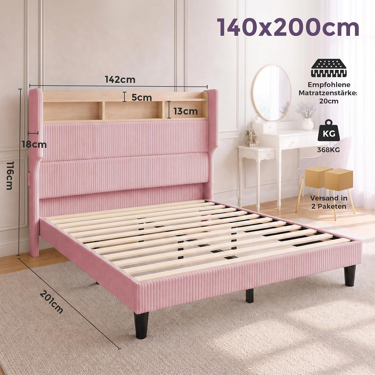 BR24 Polsterbett mit Lattenrost, Smart LED Steckdose Cord Bett mit Stauraum