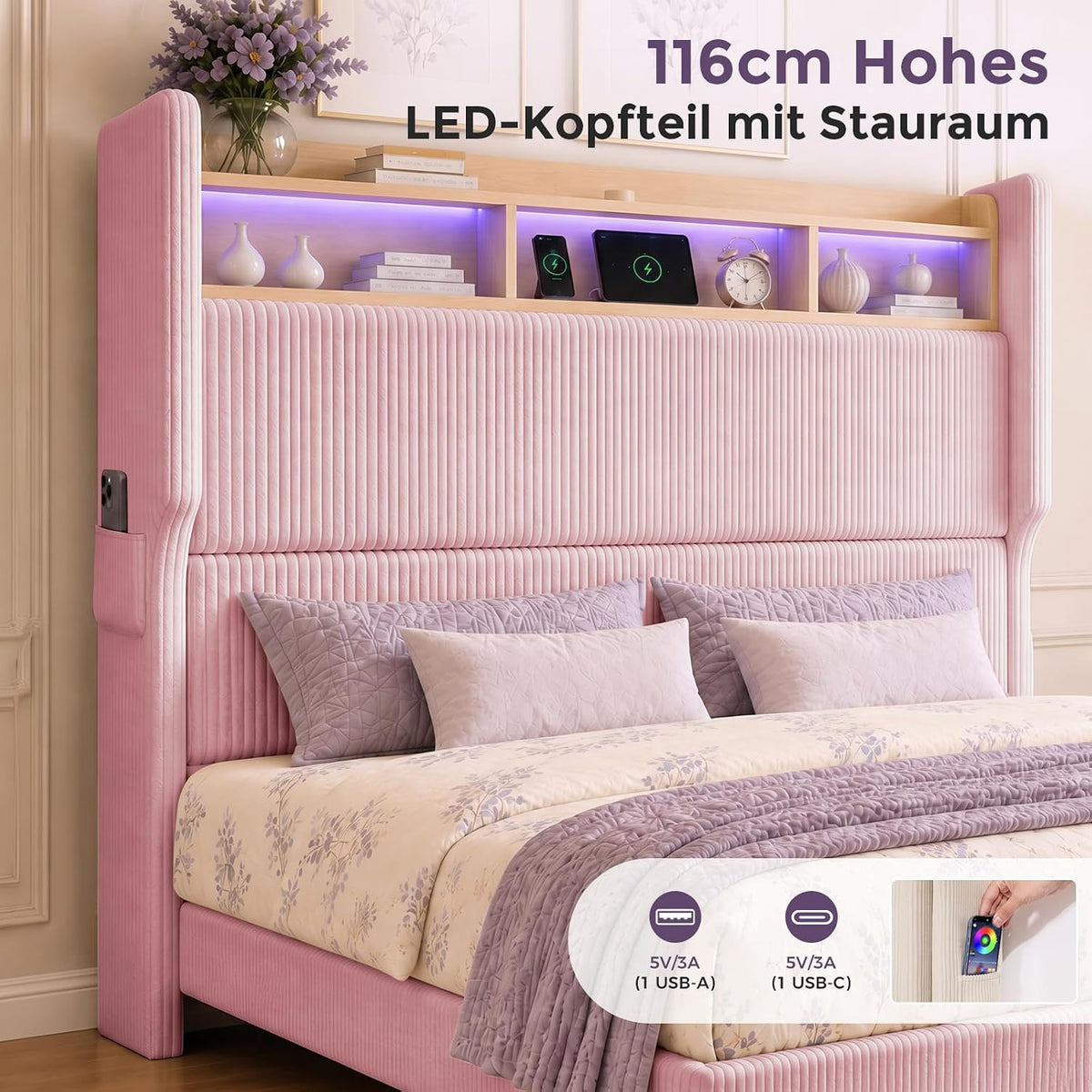 BR24 Polsterbett mit Lattenrost, Smart LED Steckdose Cord Bett mit Stauraum