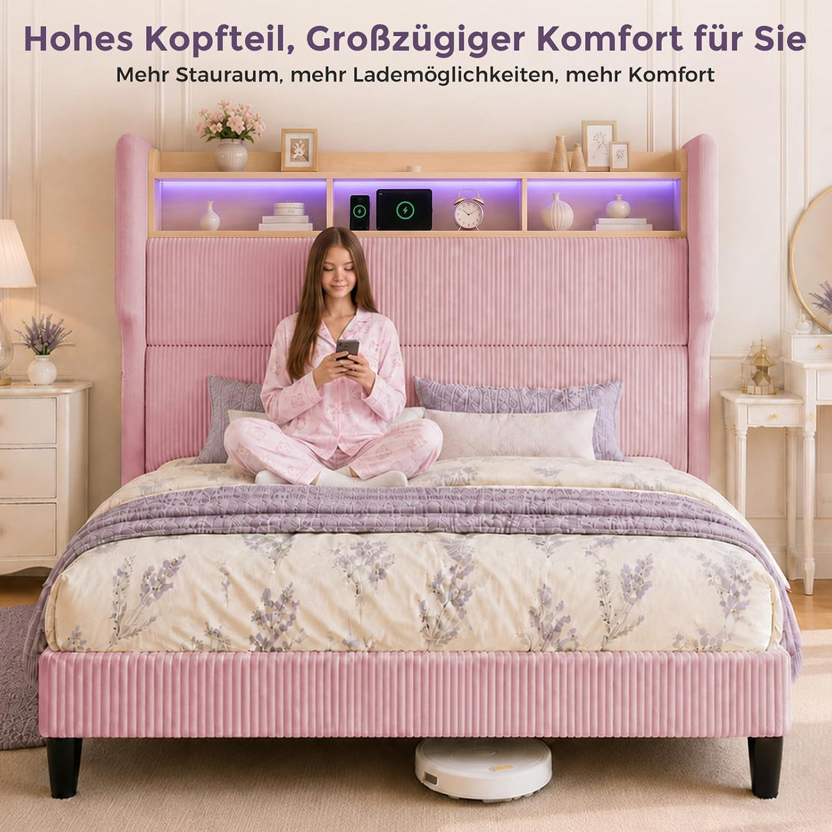 BR24 Polsterbett mit Lattenrost, Smart LED Steckdose Cord Bett mit Stauraum