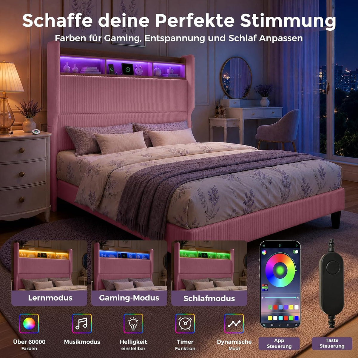 BR24 Polsterbett mit Lattenrost, Smart LED Steckdose Cord Bett mit Stauraum